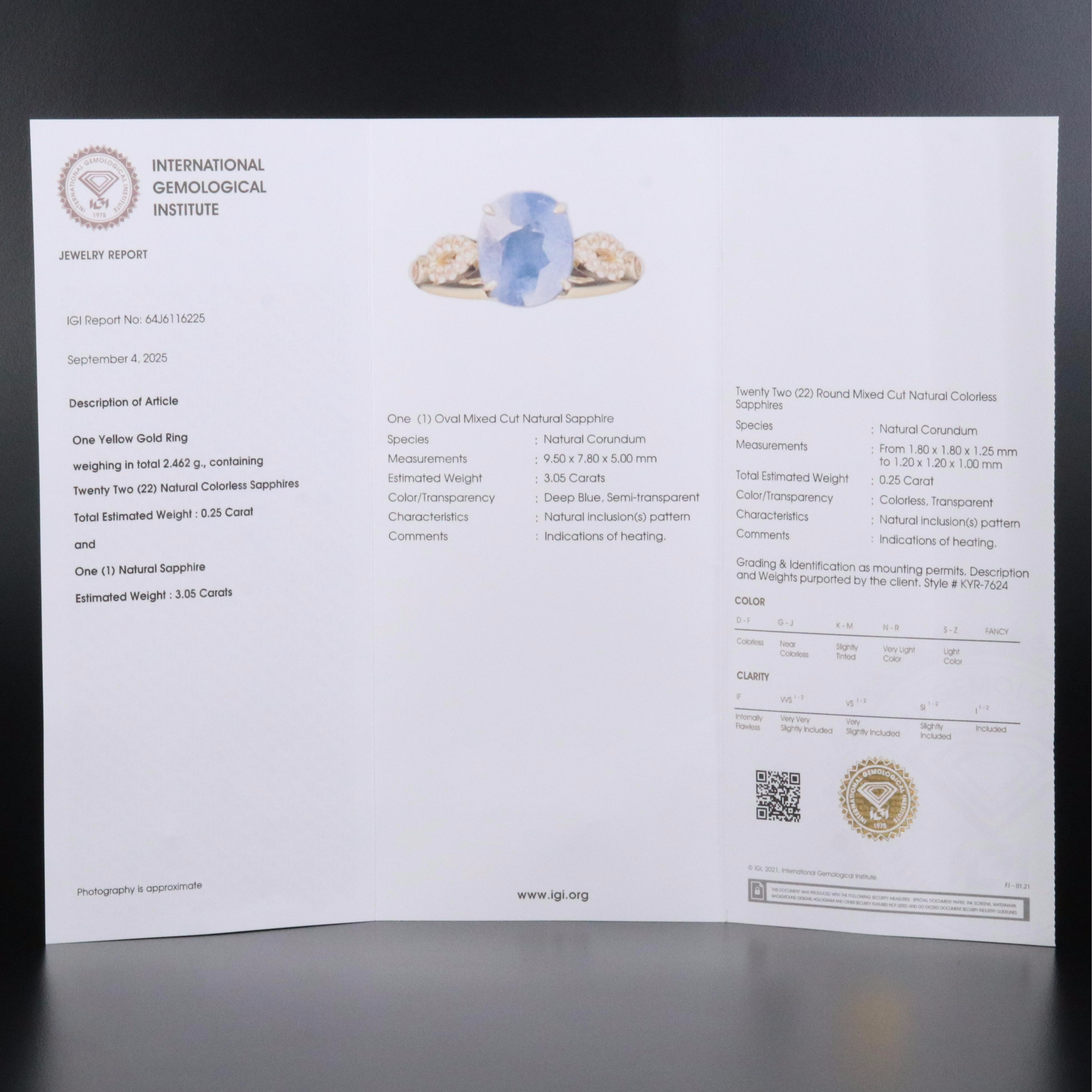 14K 3.05 CT Sapphire and White Sapphire Ring with IGI Jewelry Report