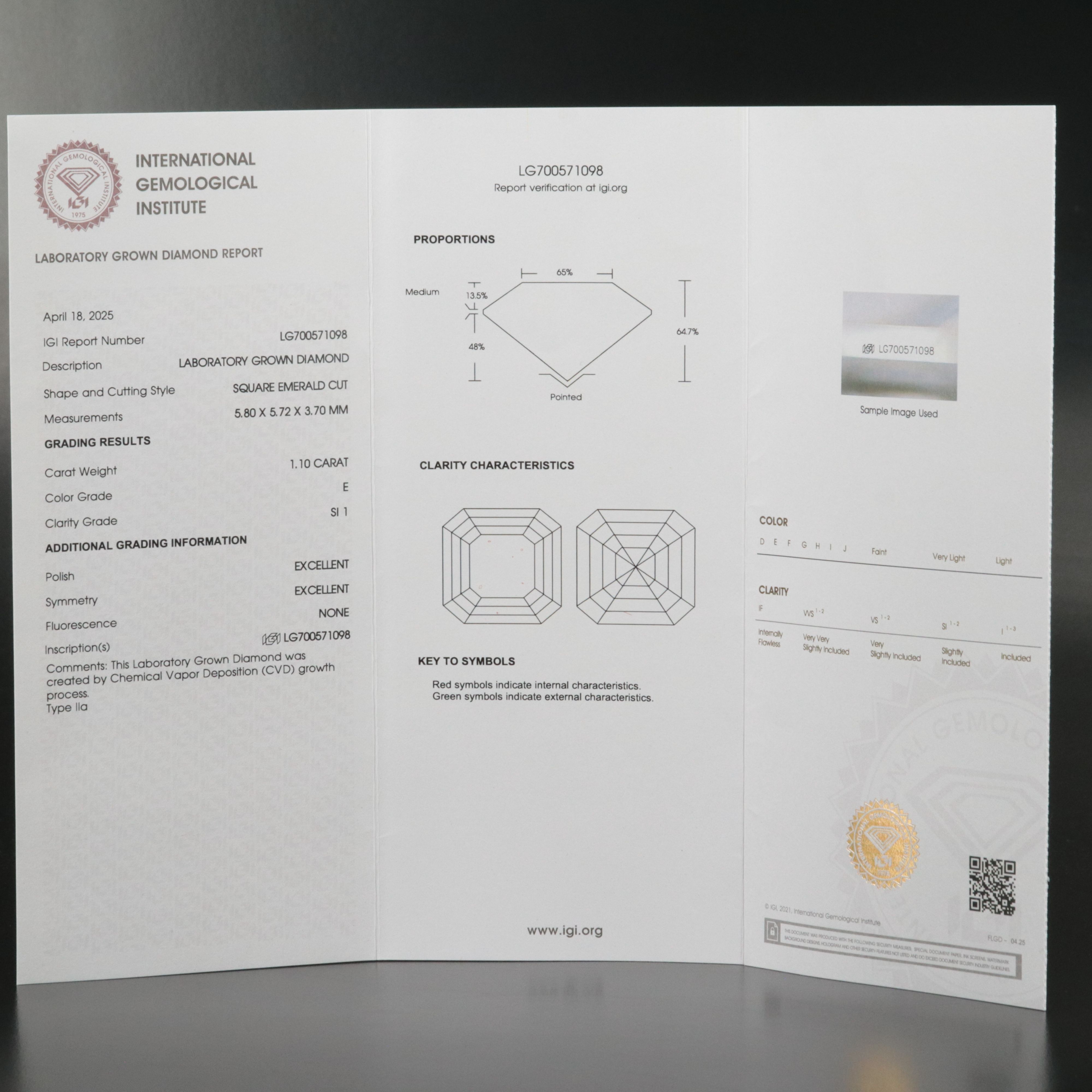 Loose 1.10 CT Lab Grown Diamond with IGI Report