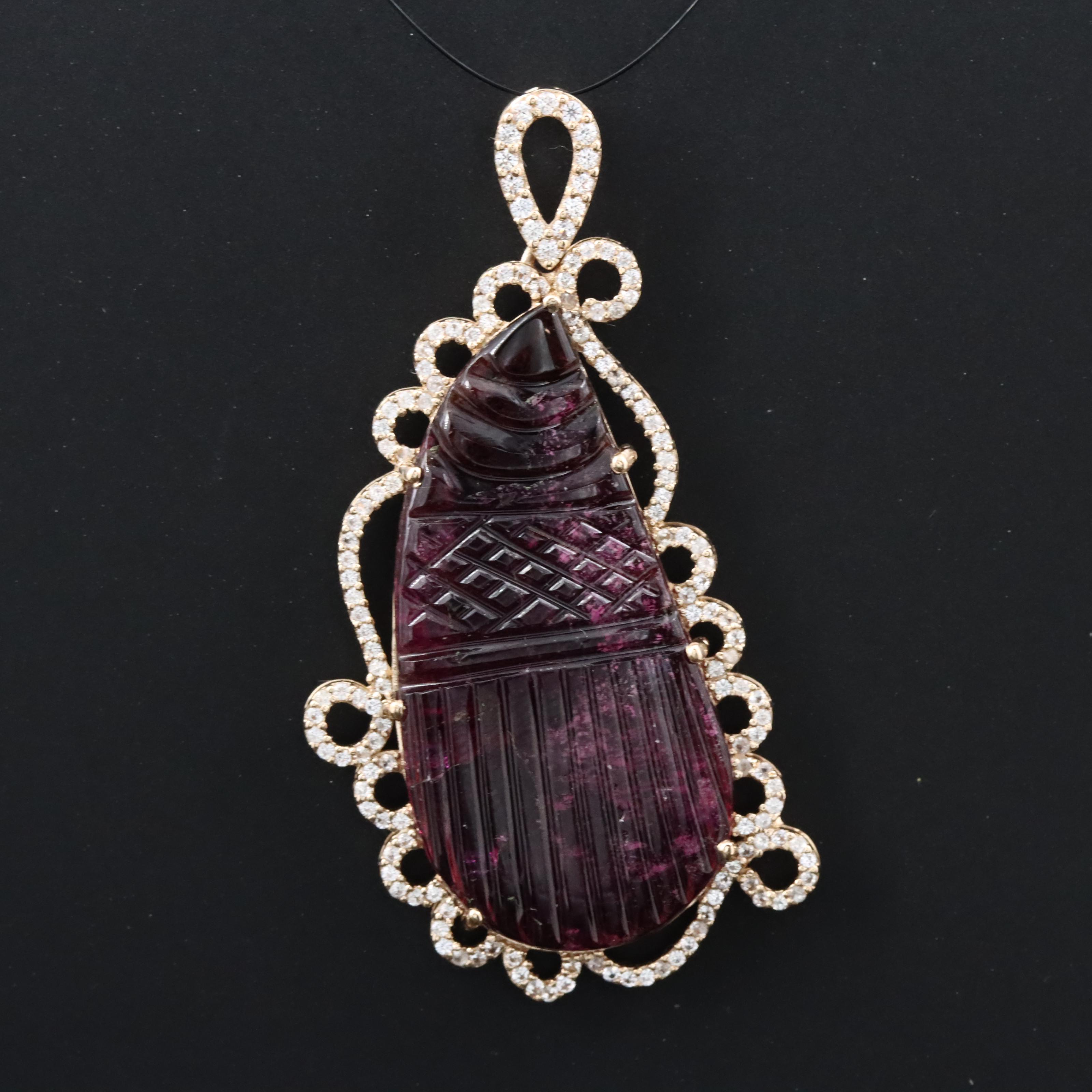 14K Carved Tourmaline and White Sapphire Pendant