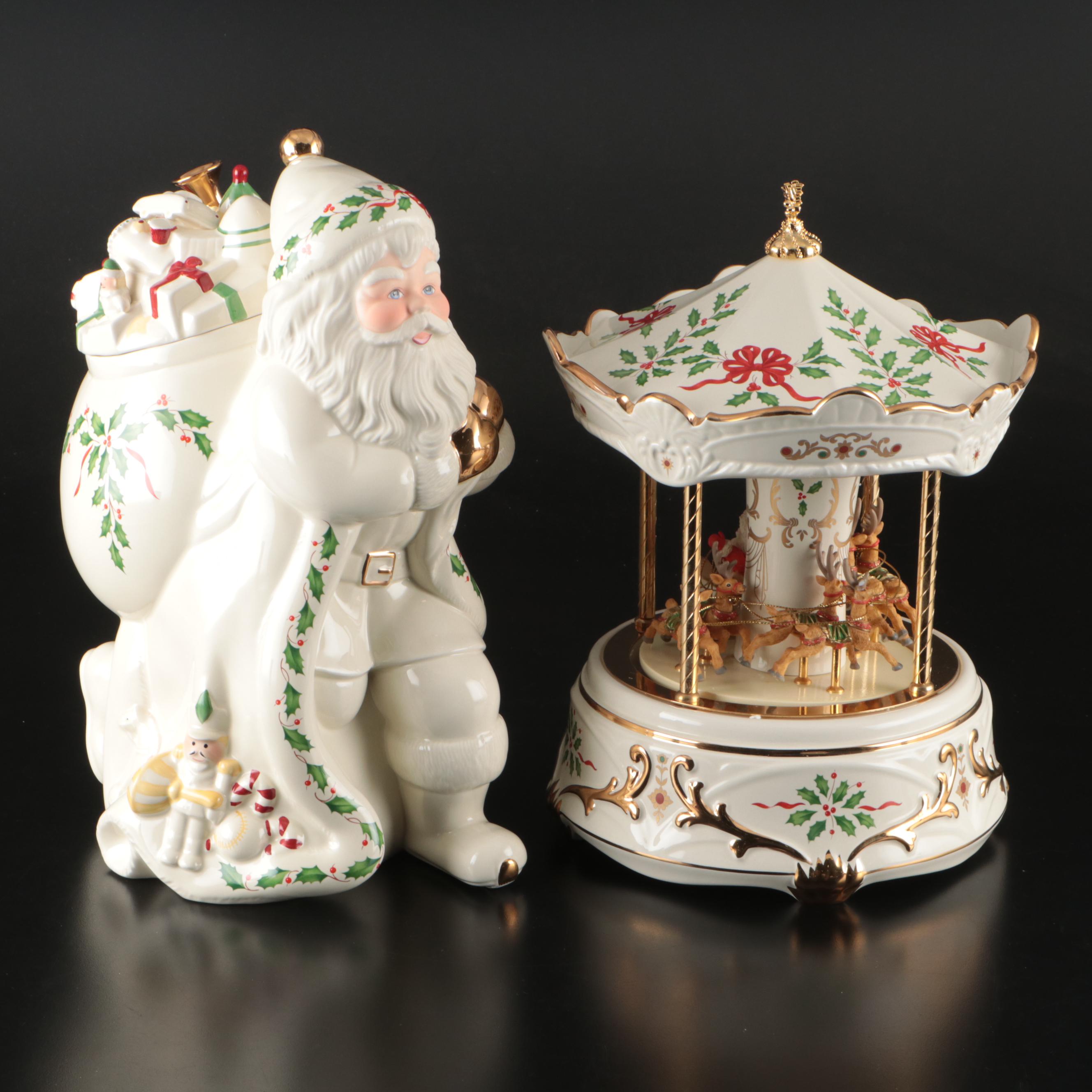 Lenox Holiday Collection Porcelain Carousel Centerpiece and Santa Cookie Jar