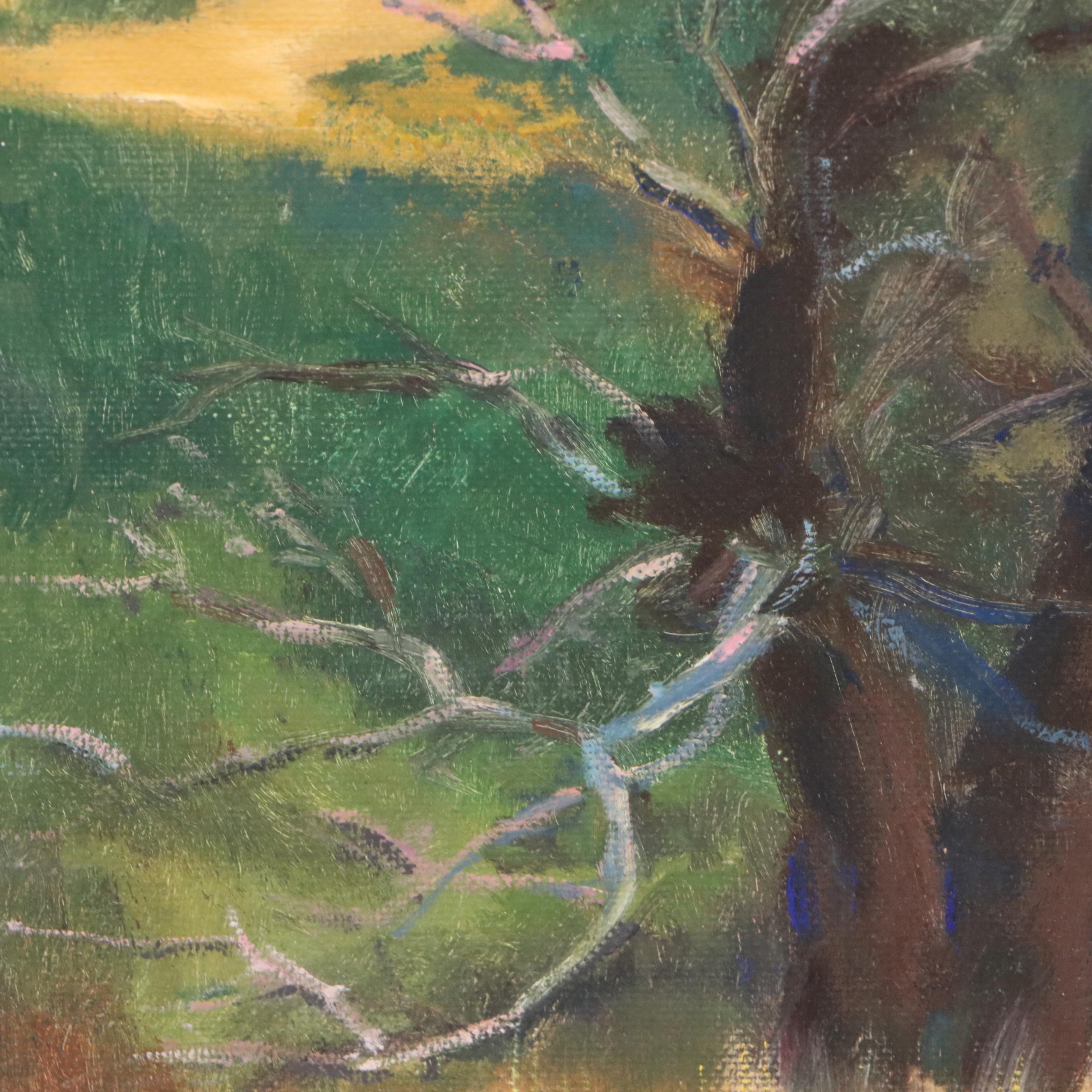 Oil Painting of Mountain Landscape with Dead Tree, Mid to Late 20th Century