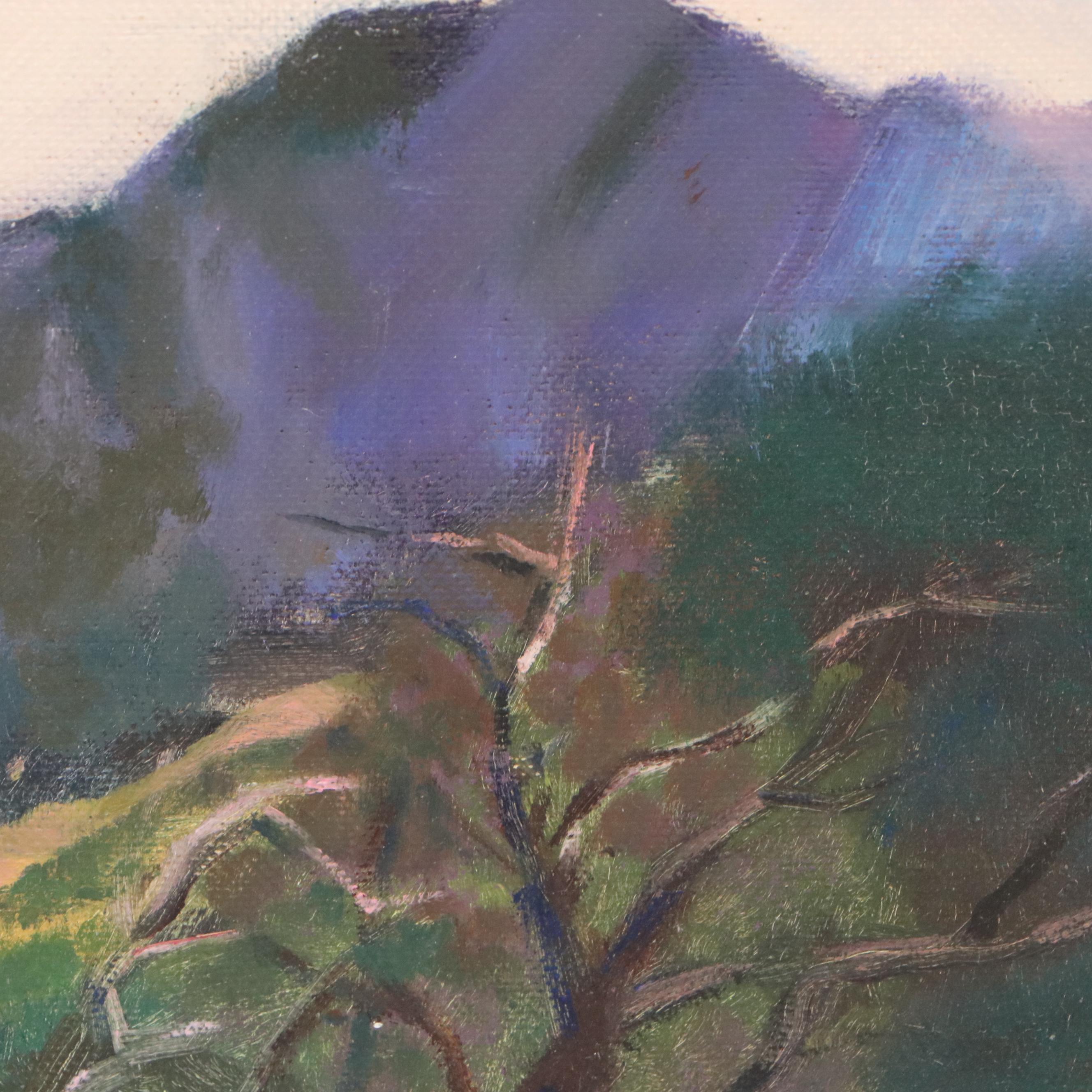 Oil Painting of Mountain Landscape with Dead Tree, Mid to Late 20th Century