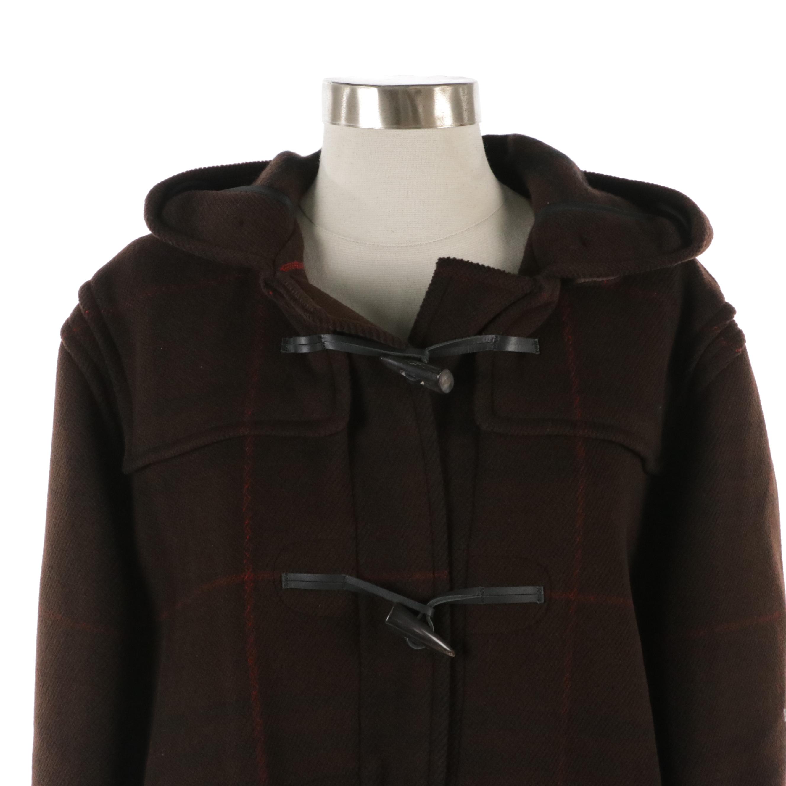 Burberry Dark Brown Plaid Wool Duffle Coat, With Tag
