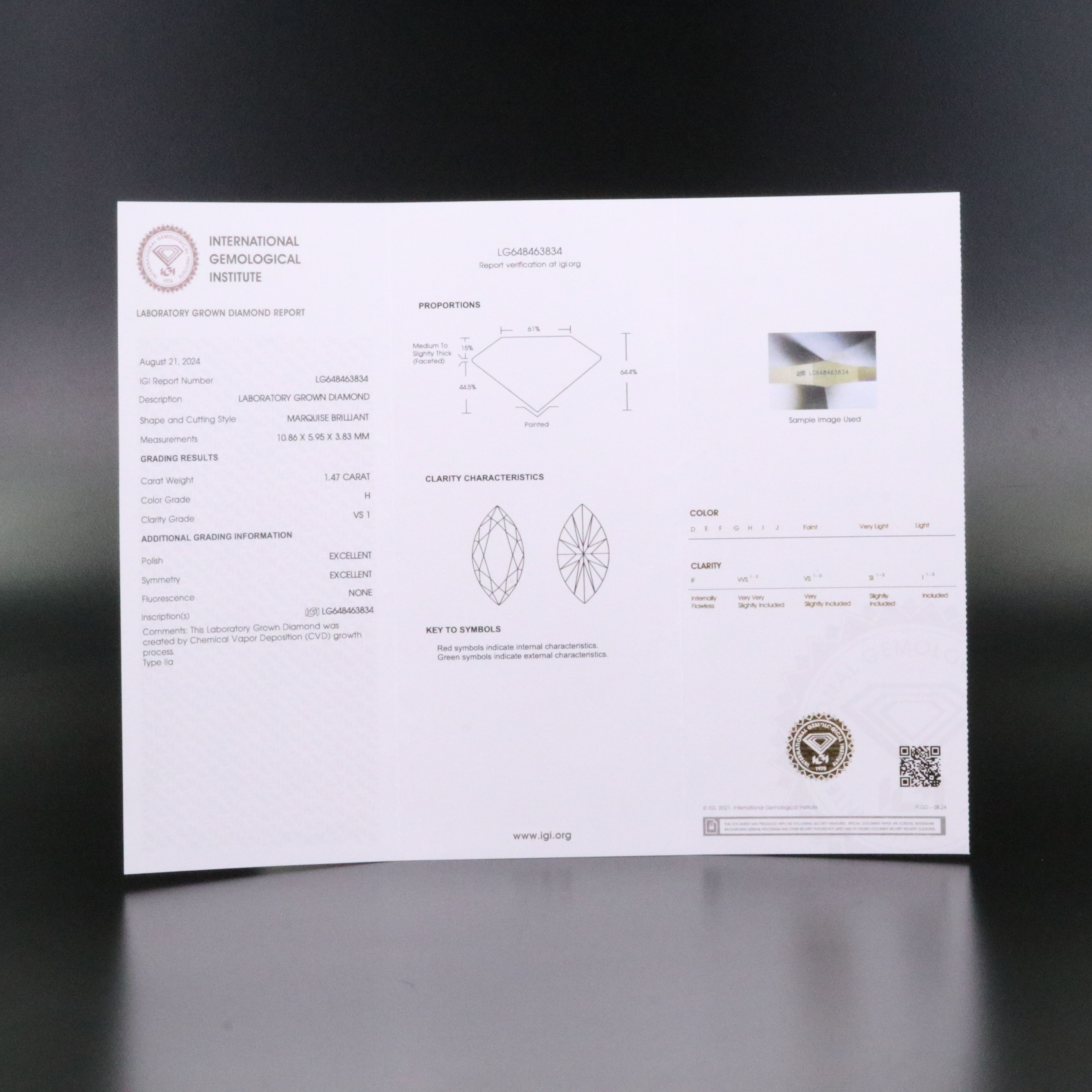 Loose 1.47 CT Lab Grown Diamond with IGI Report
