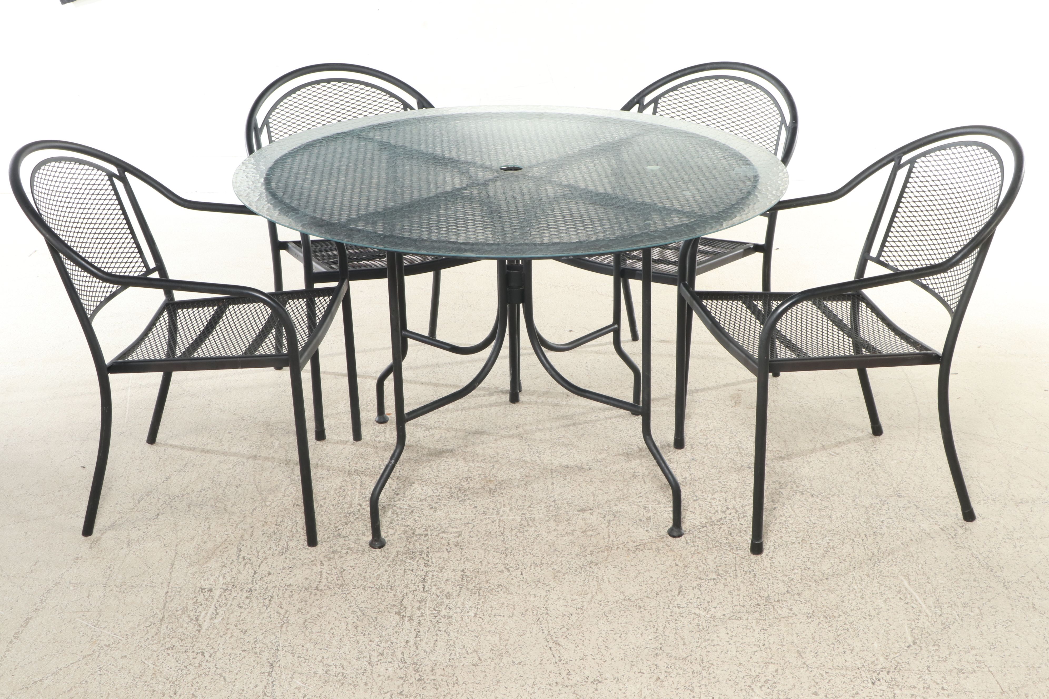 Russell Woodard Attr. Patio Dining Table with Six Barrel-Back Chairs