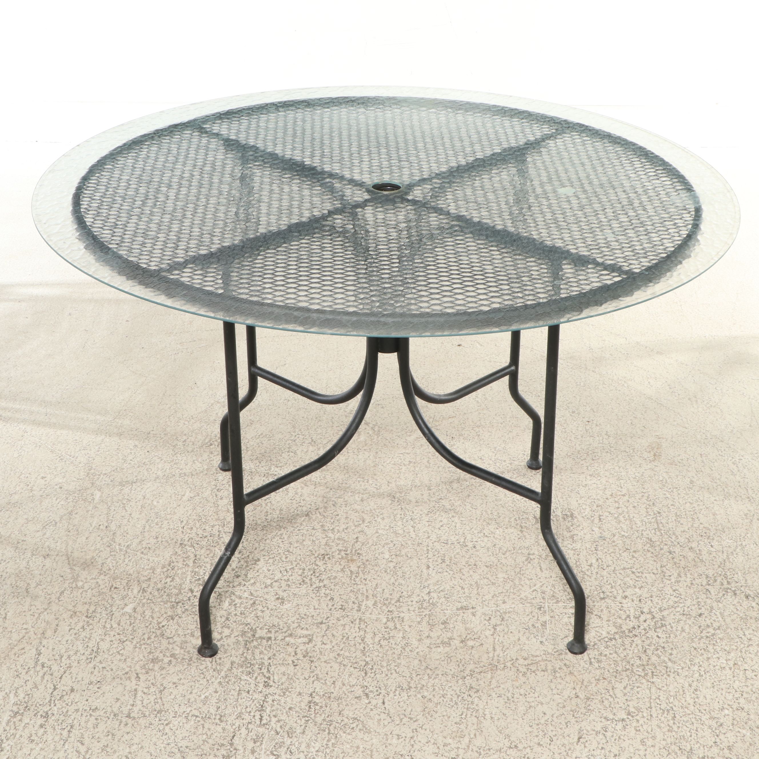 Russell Woodard Attr. Patio Dining Table with Six Barrel-Back Chairs