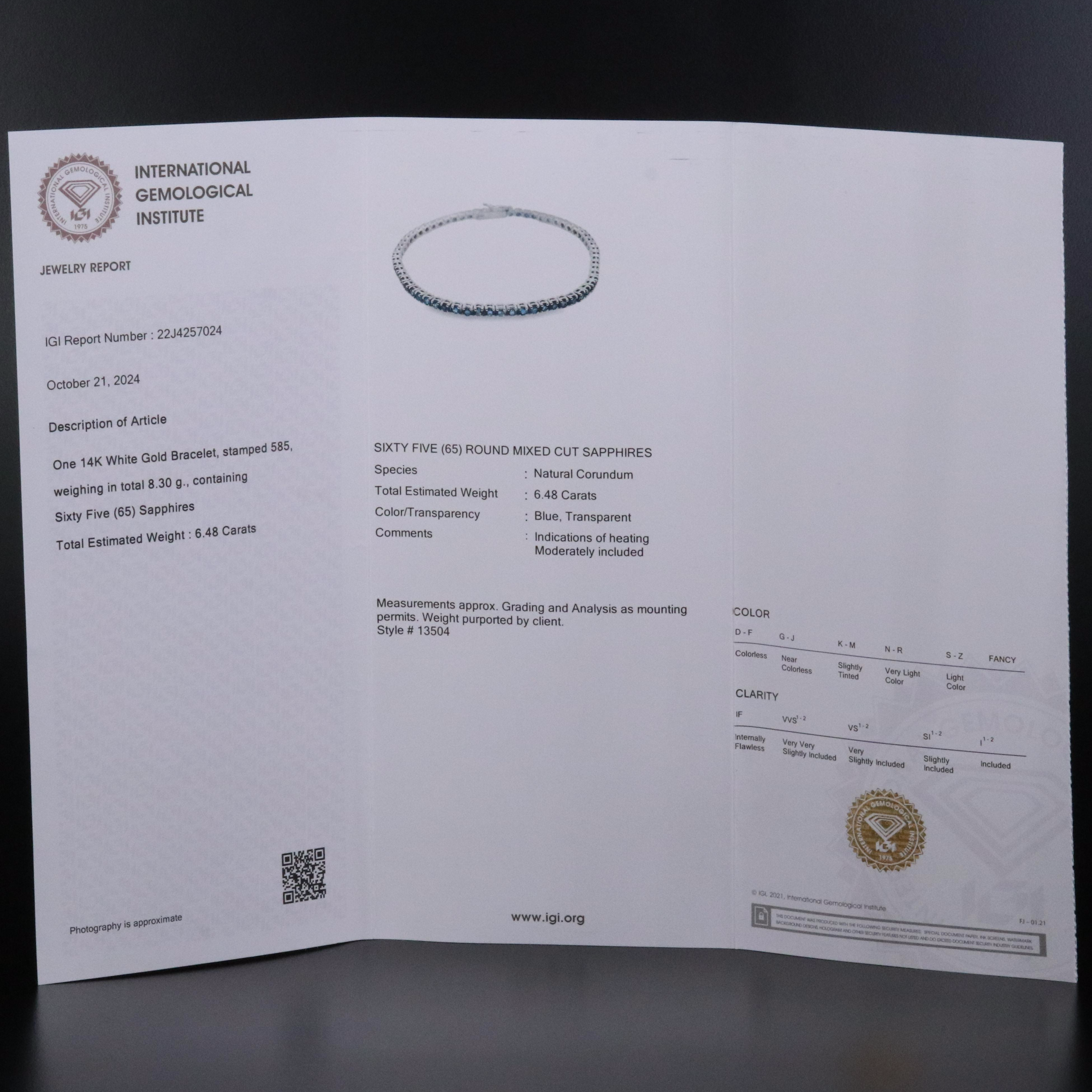 14K 6.48 CTW Sapphire Line Bracelet with IGI Jewelry Report