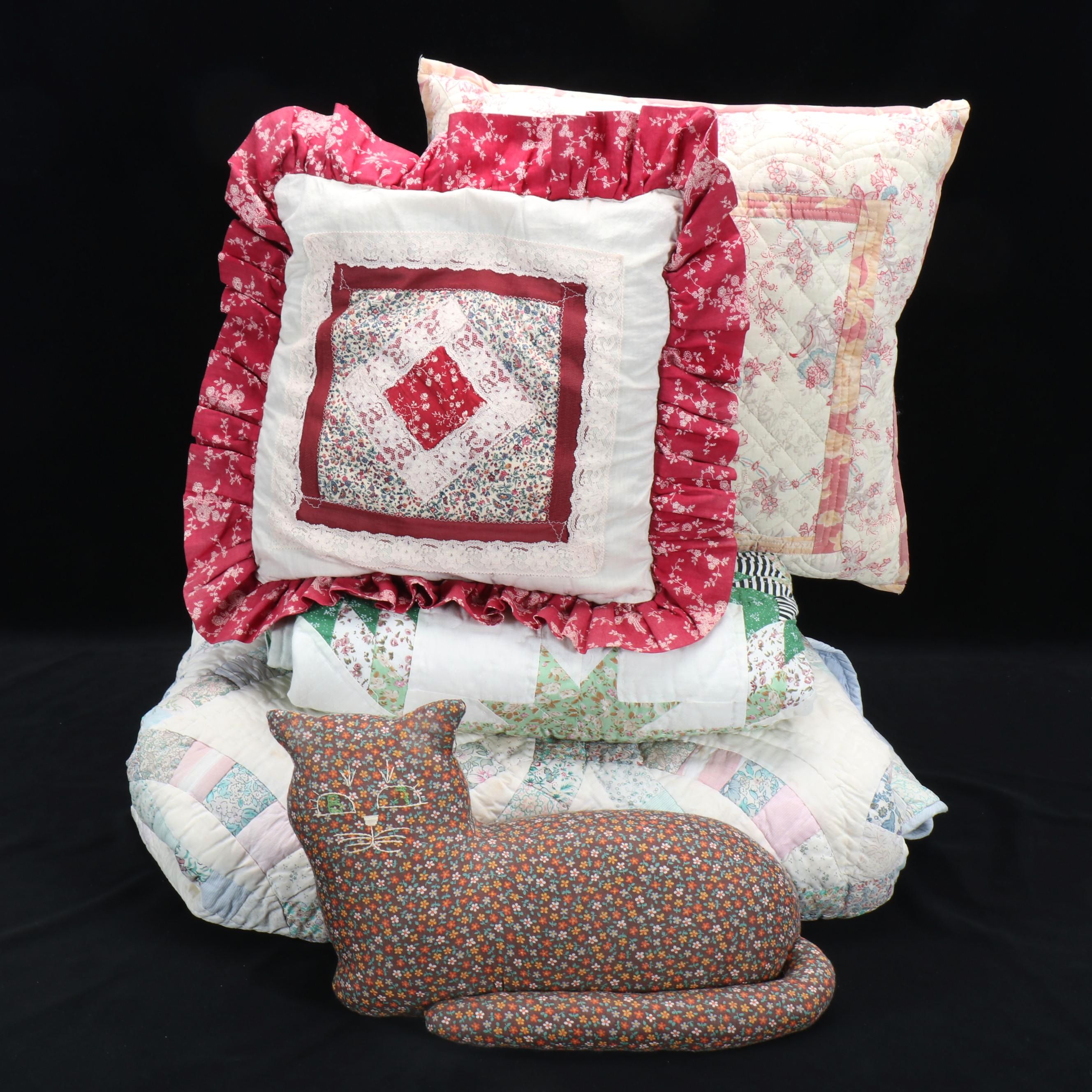 Handcrafted "Double Wedding Ring" with Other Quilt and Pillows