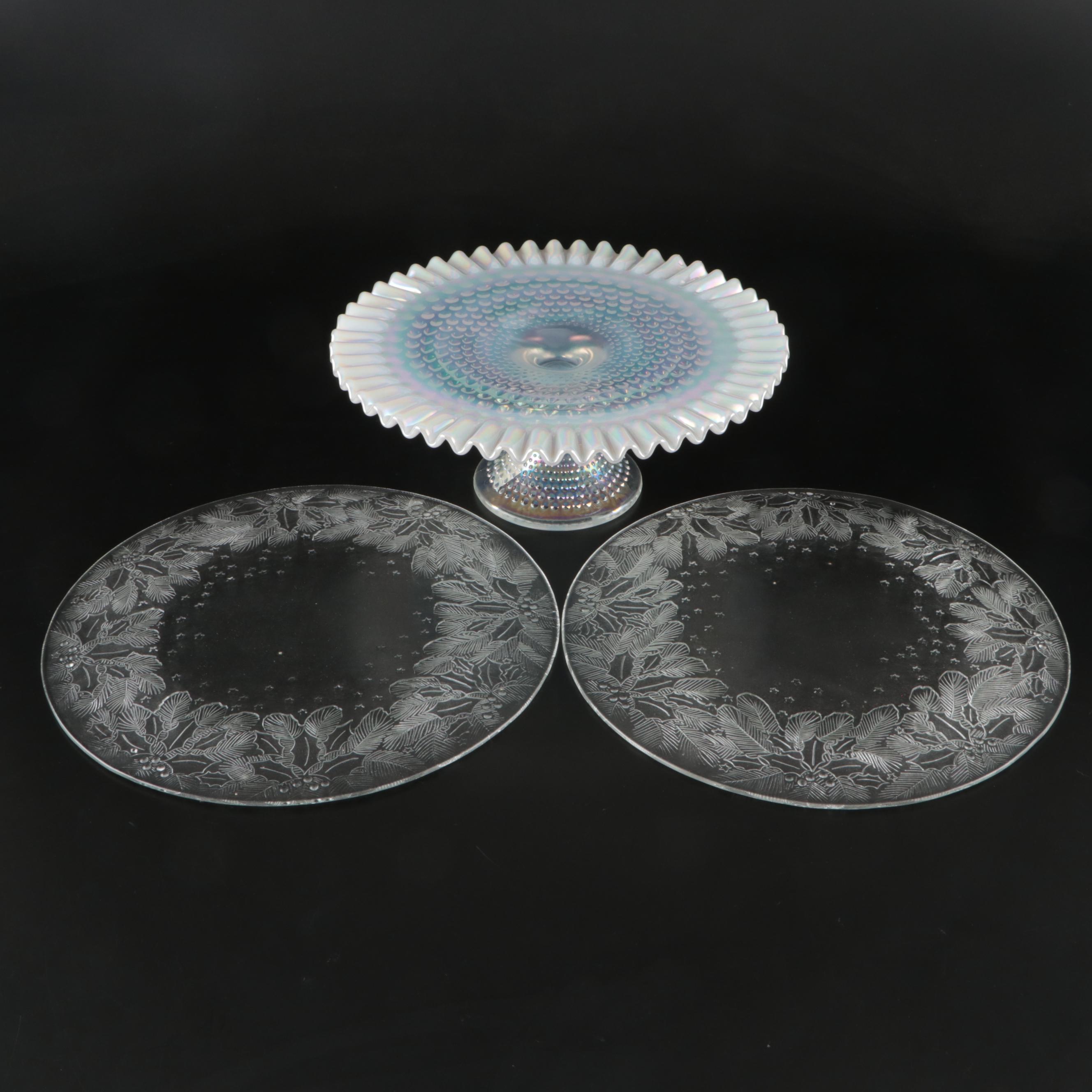 Fenton Opalescent Hobnail Glass Cake Stand with Pilgrim Glass Platters