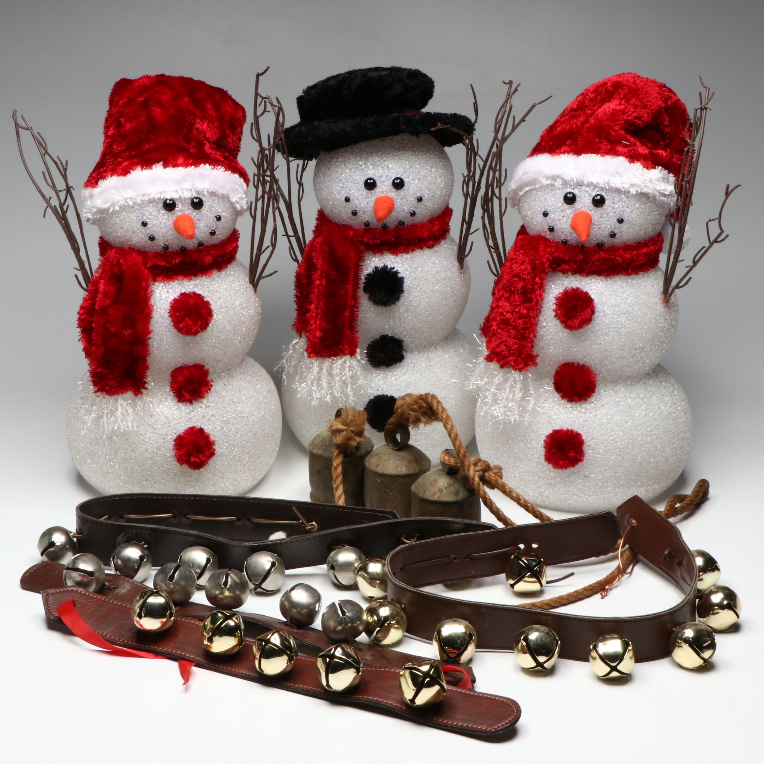 Leather and Brass Sleigh Bells with Snowmen