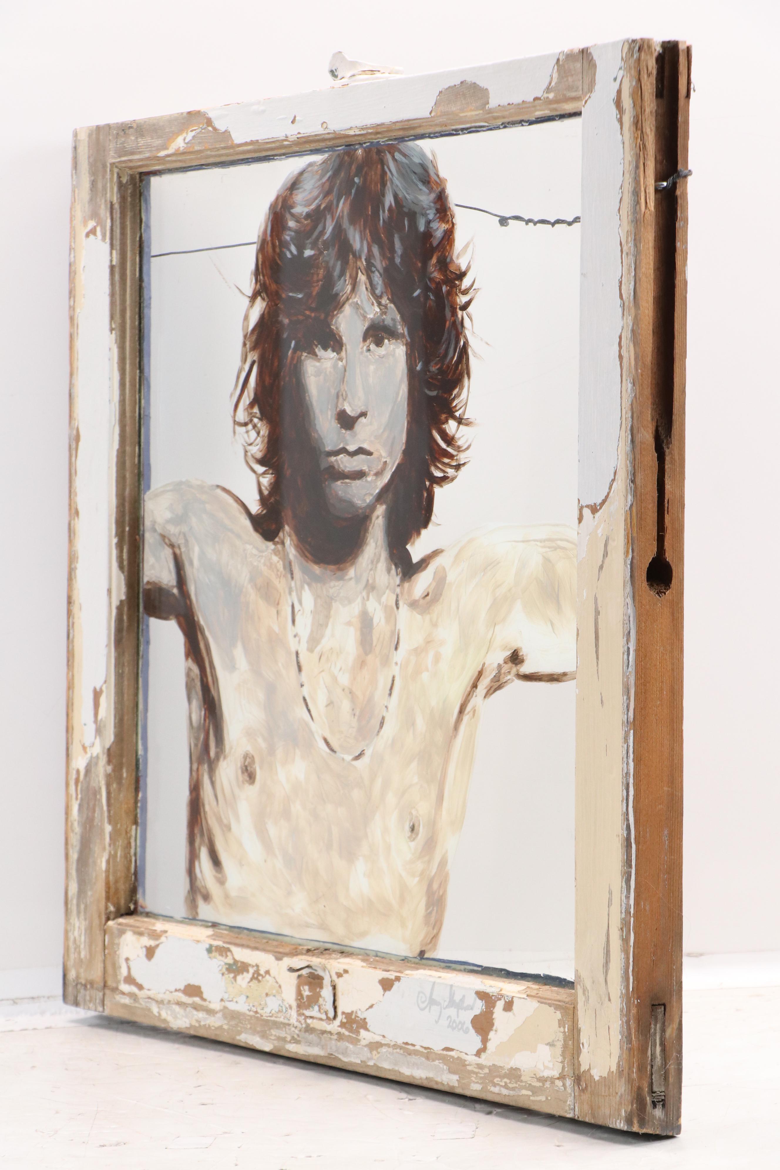 Amy Shepherd Jim Morrison Portrait Reverse Glass Painting in Window Pane, 2006