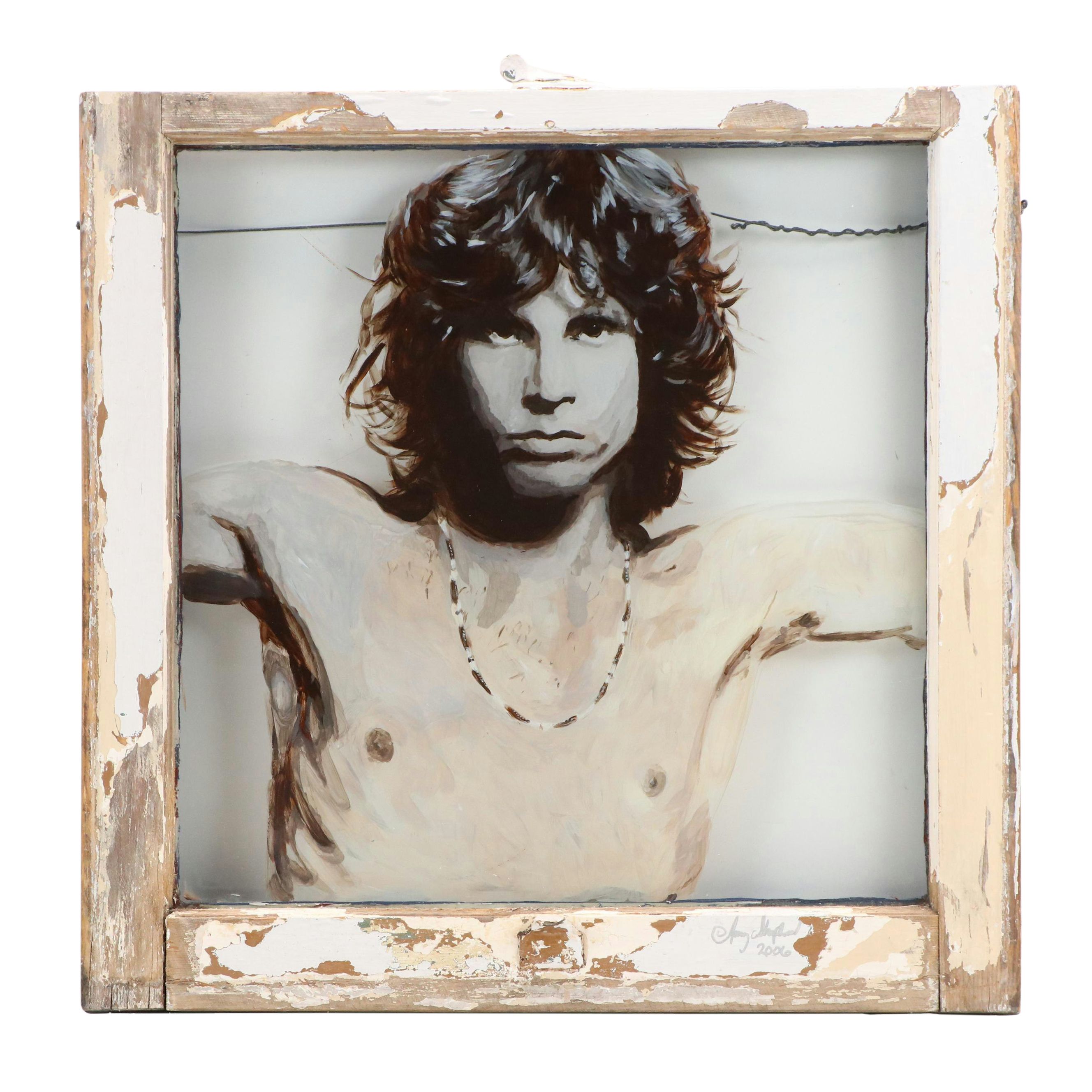 Amy Shepherd Jim Morrison Portrait Reverse Glass Painting in Window Pane, 2006