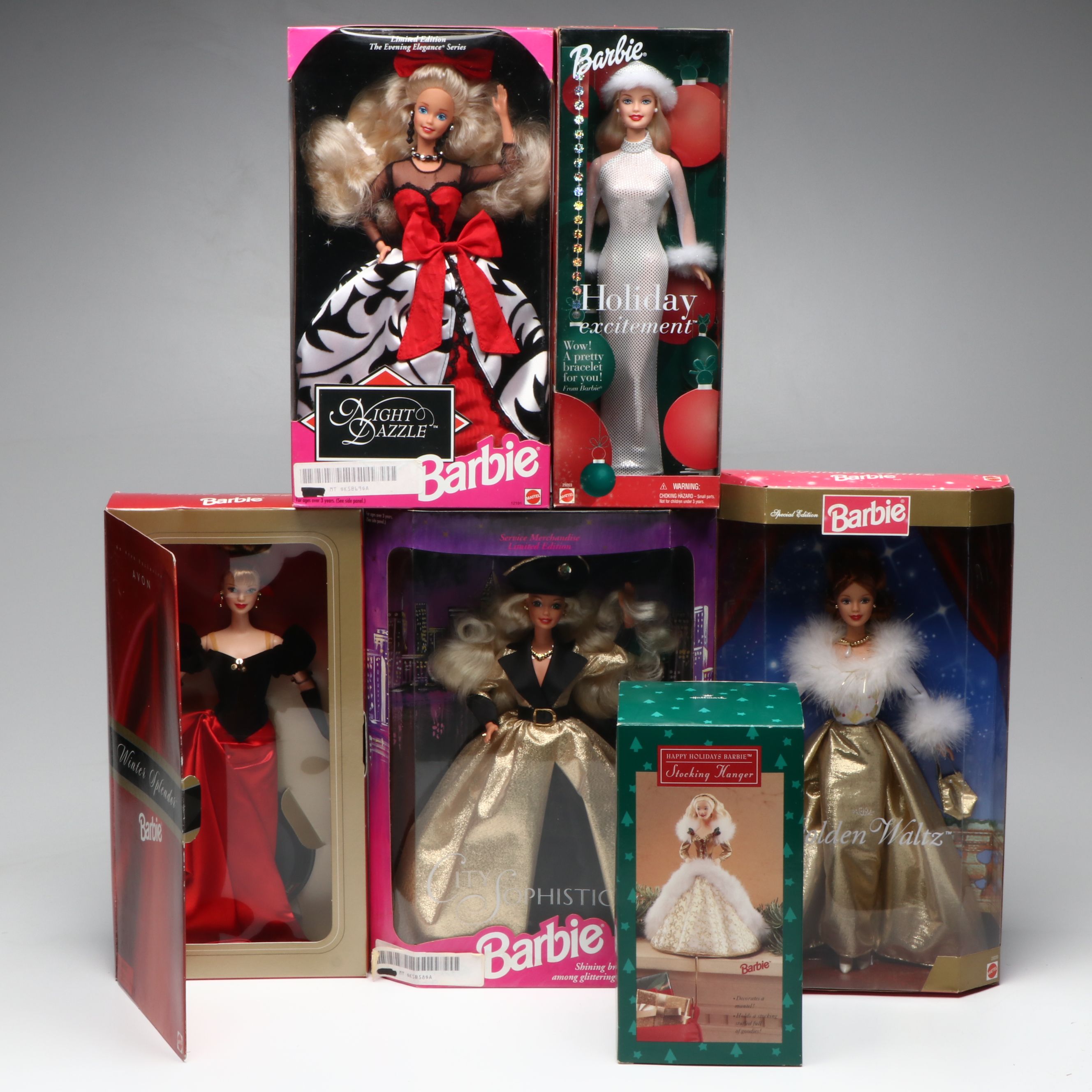 Barbie "Night Dazzle" with Other Barbie Dolls and Stocking Hanger