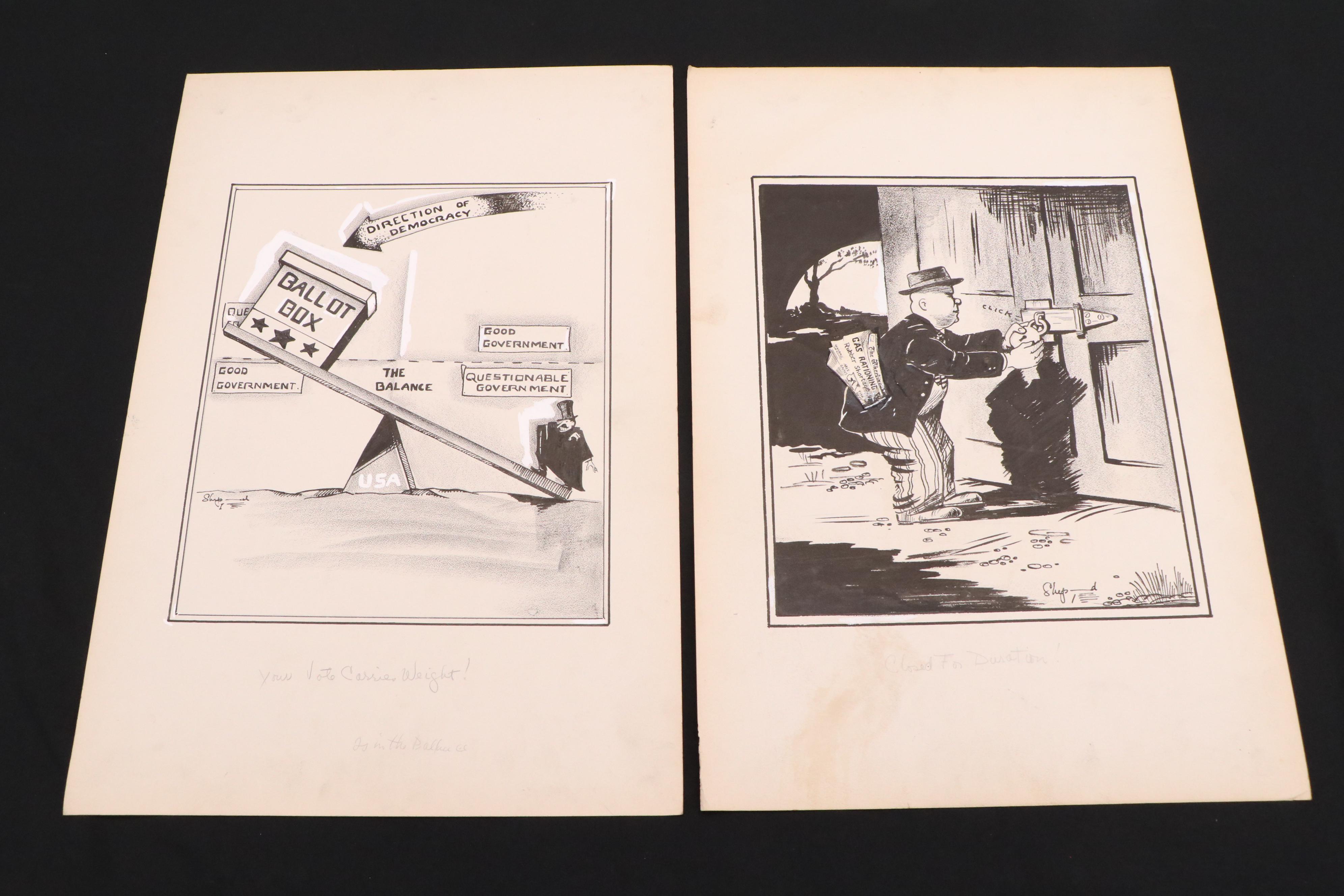 Harvey Shepard Political Propaganda Ink Illustrations, 1940s