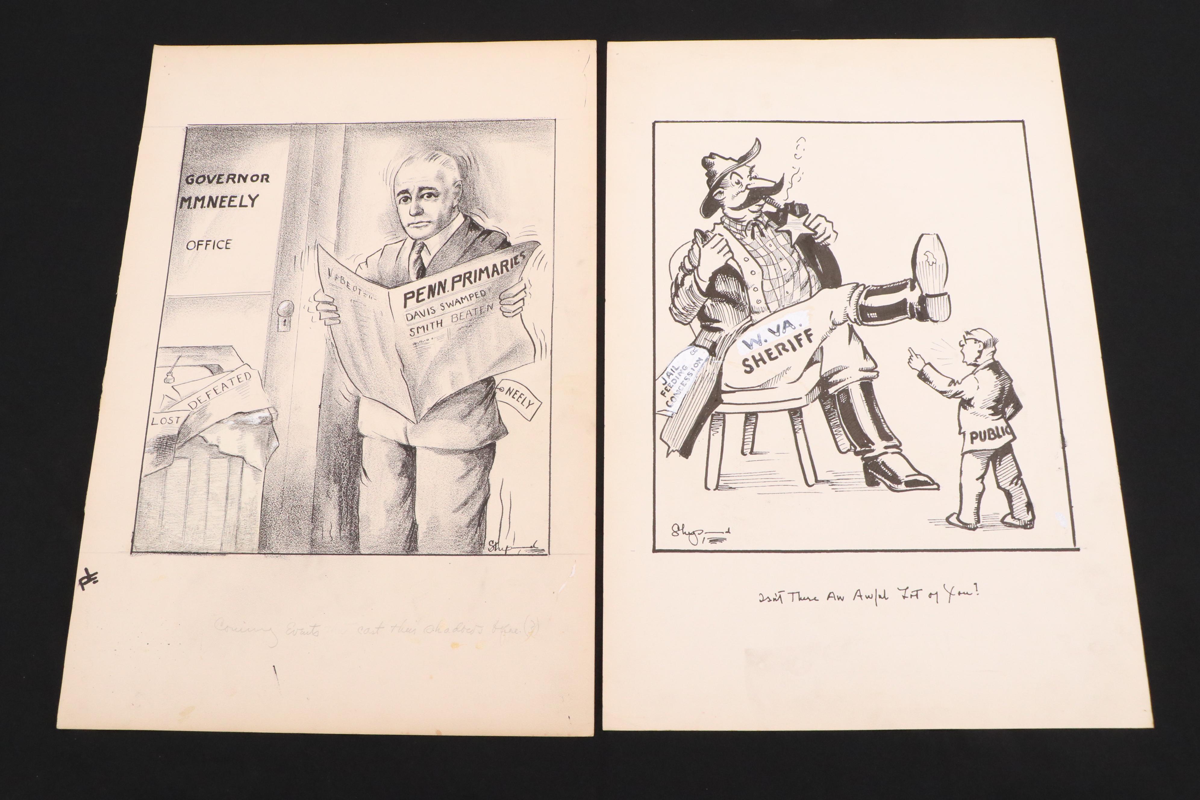 Harvey Shepard Political Propaganda Ink Illustrations, 1940s