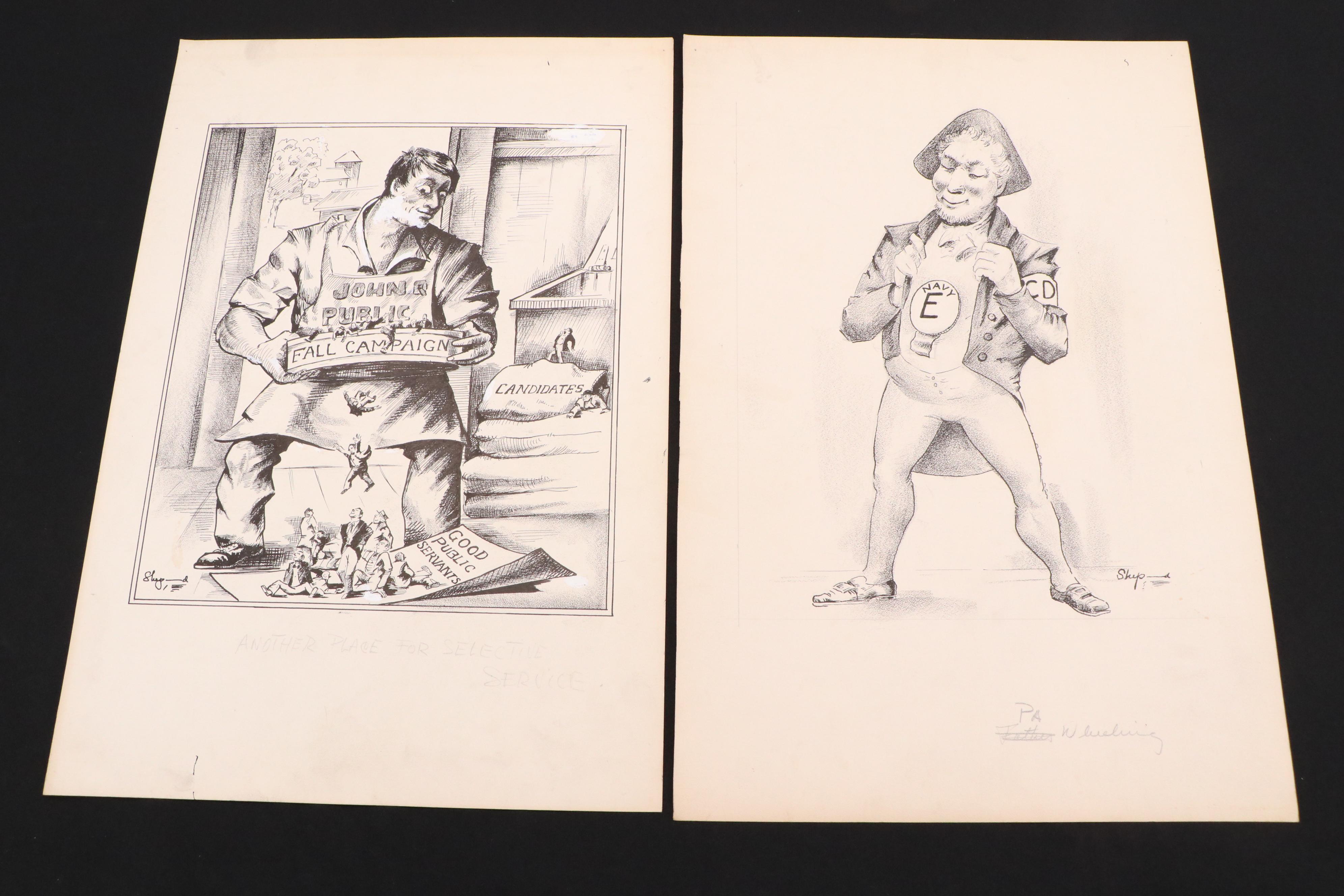 Harvey Shepard Political Propaganda Ink Illustrations, 1940s