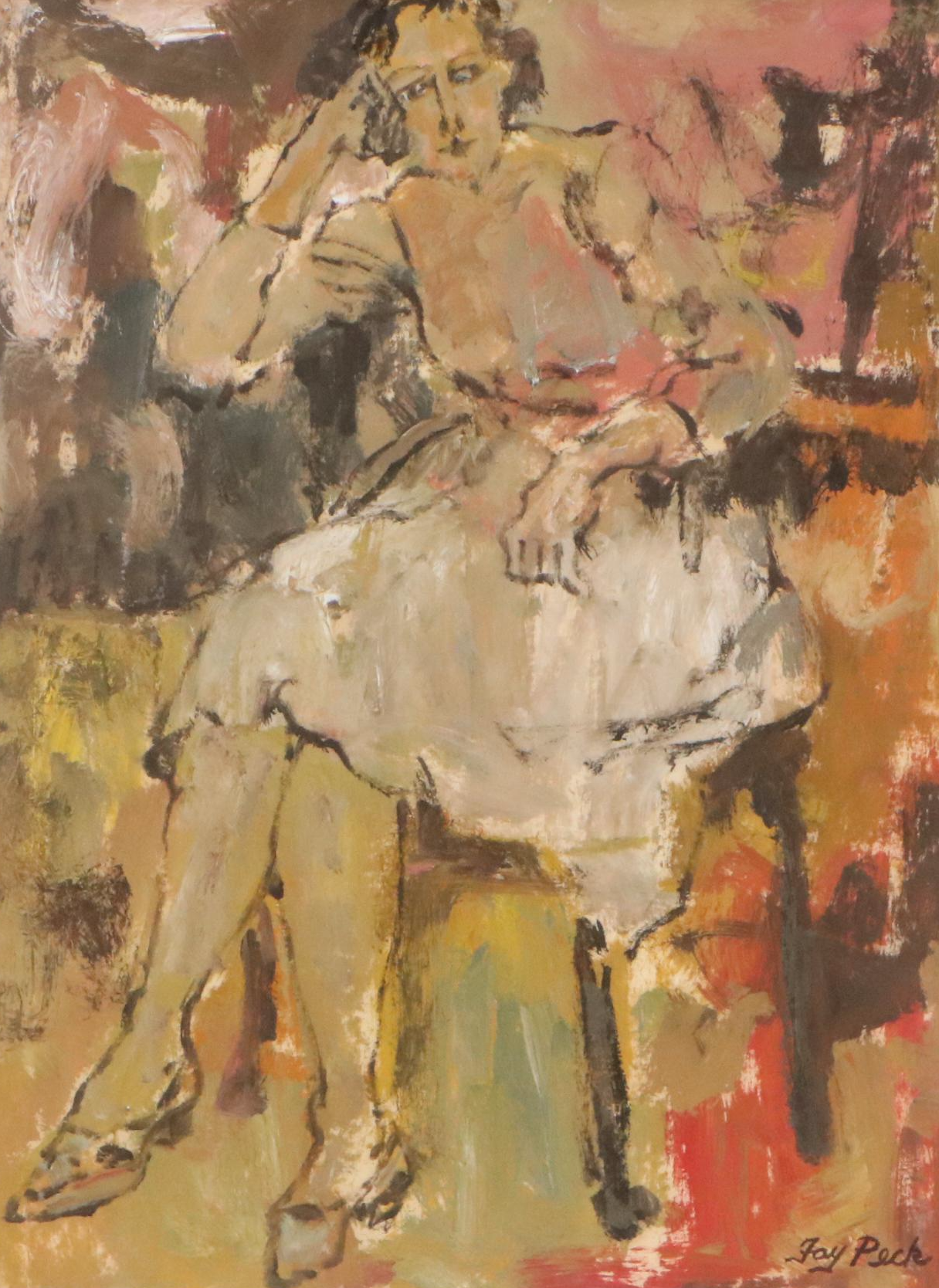 Joy Peck Stylized Oil Painting of Seated Woman, 20th Century