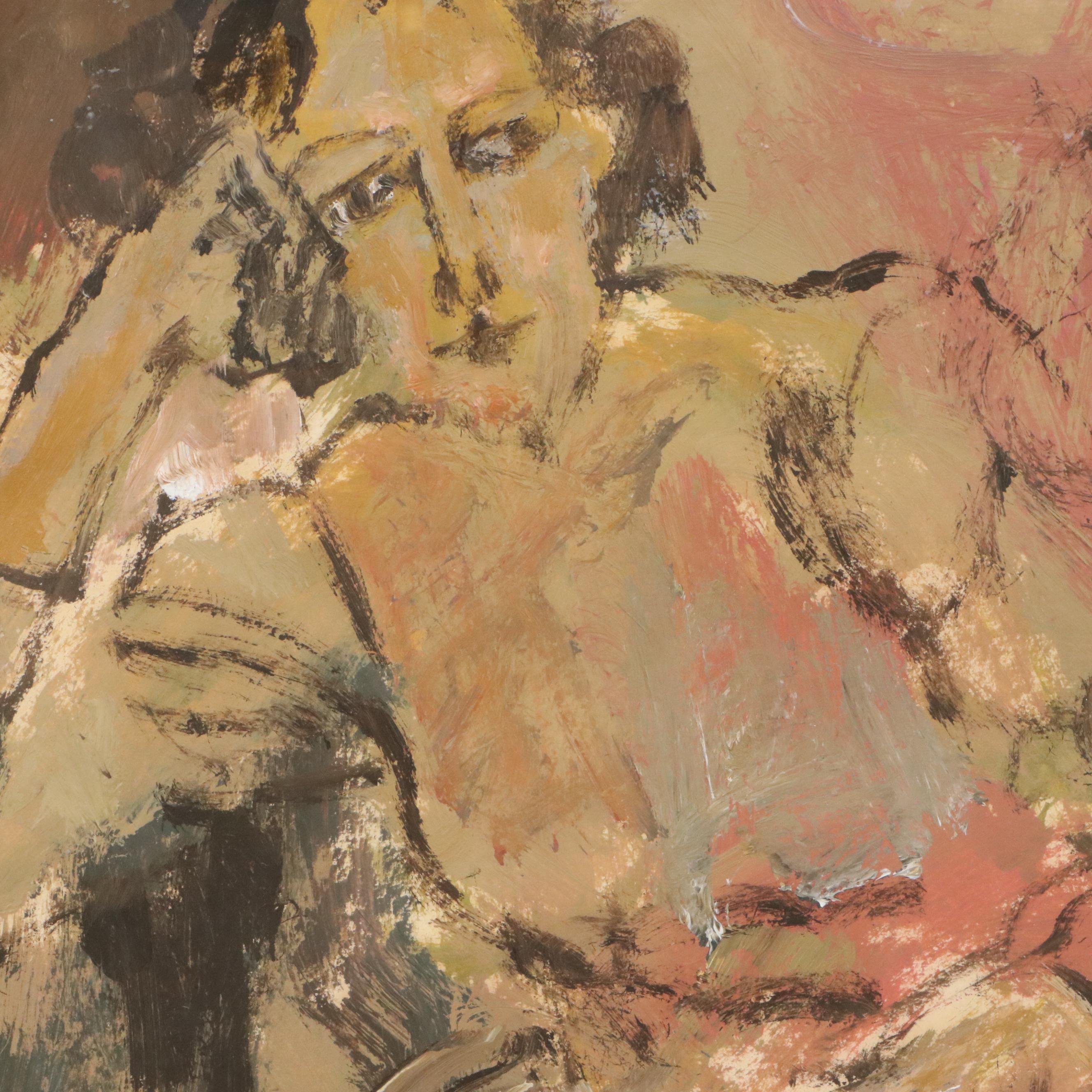 Joy Peck Stylized Oil Painting of Seated Woman, 20th Century