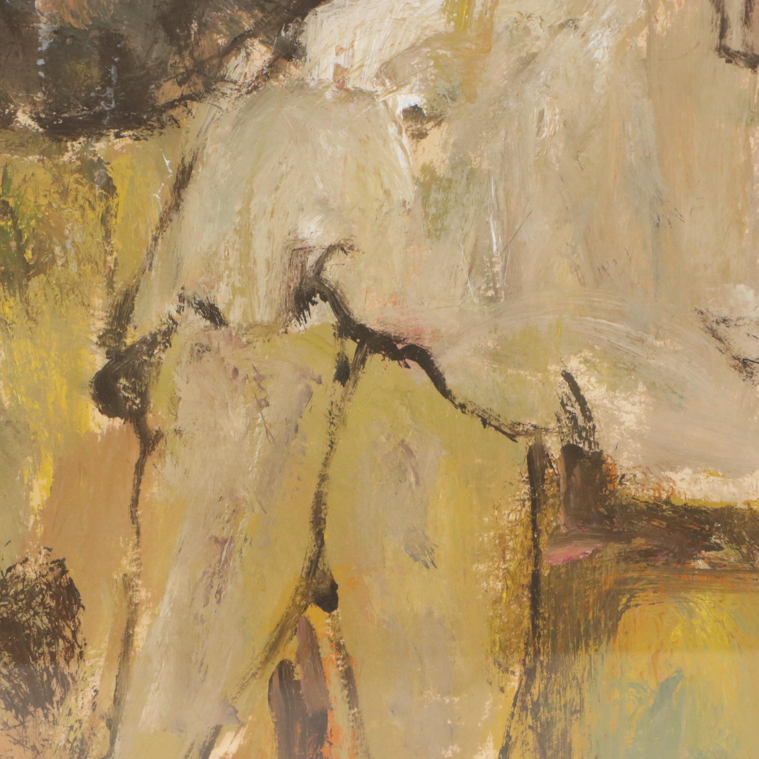 Joy Peck Stylized Oil Painting of Seated Woman, 20th Century