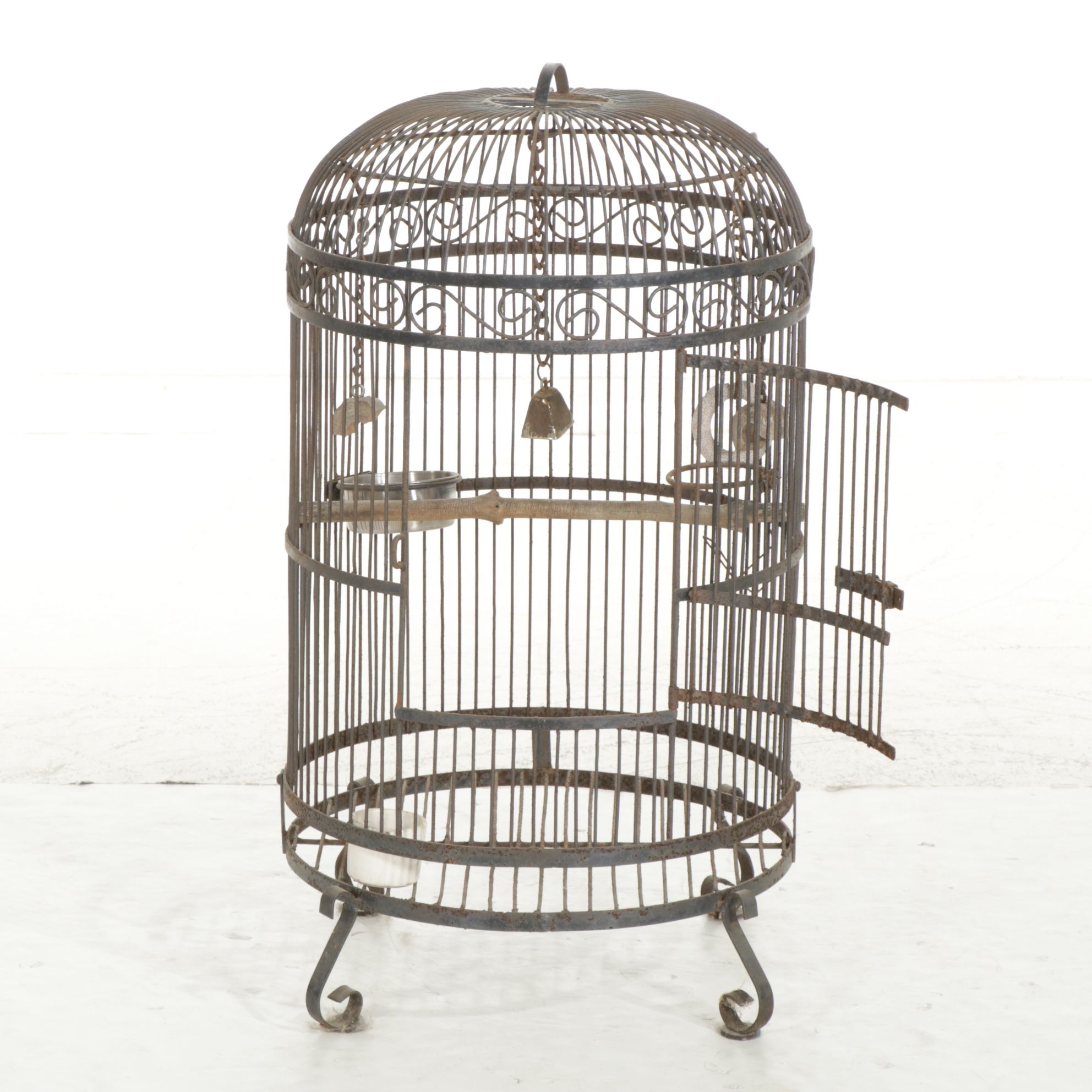 Scrolled Wrought Iron Dome Bird Cage with Bird Perches and Hanging Toys