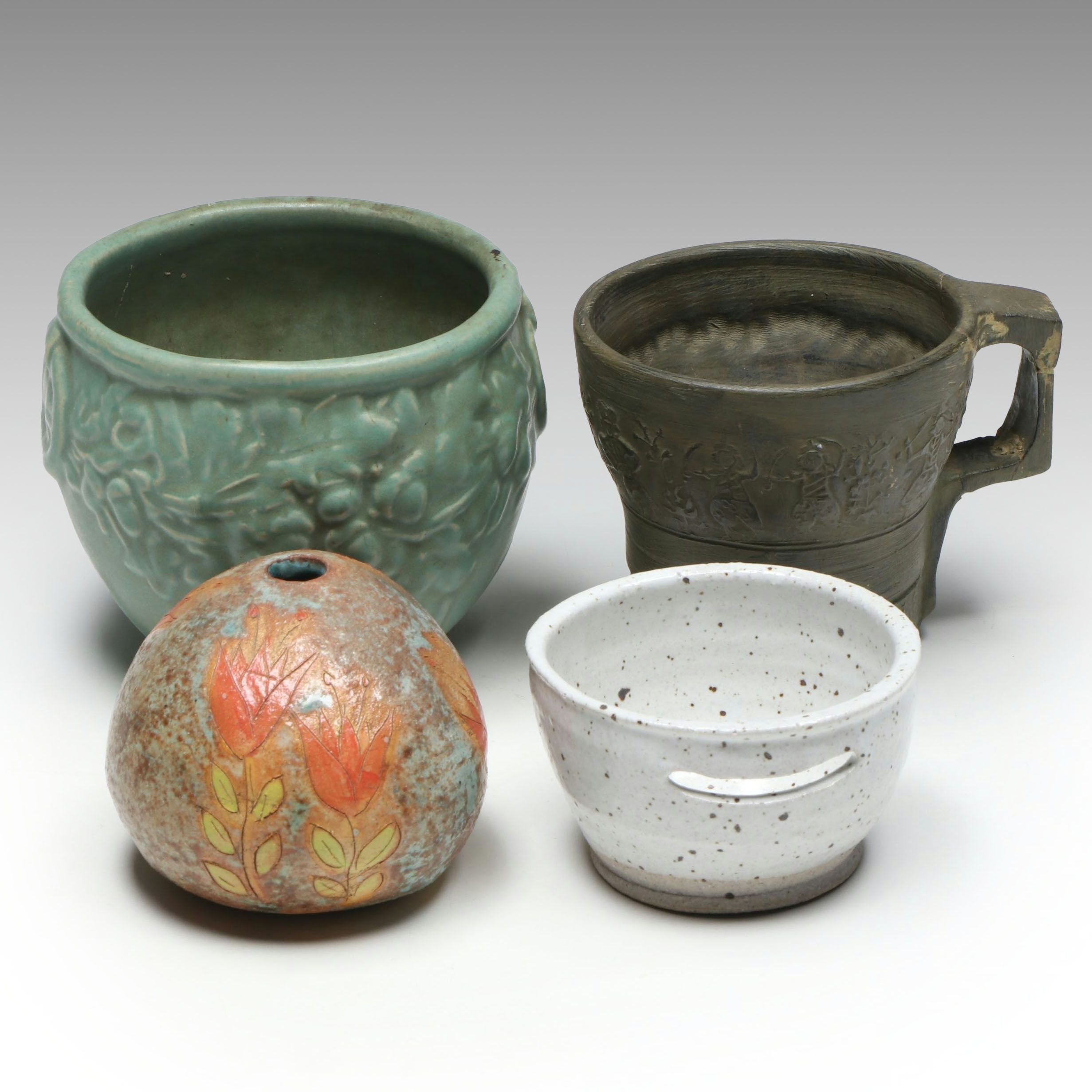 Artist Signed Sgraffito Bud Vase with More Art Pottery Vessels