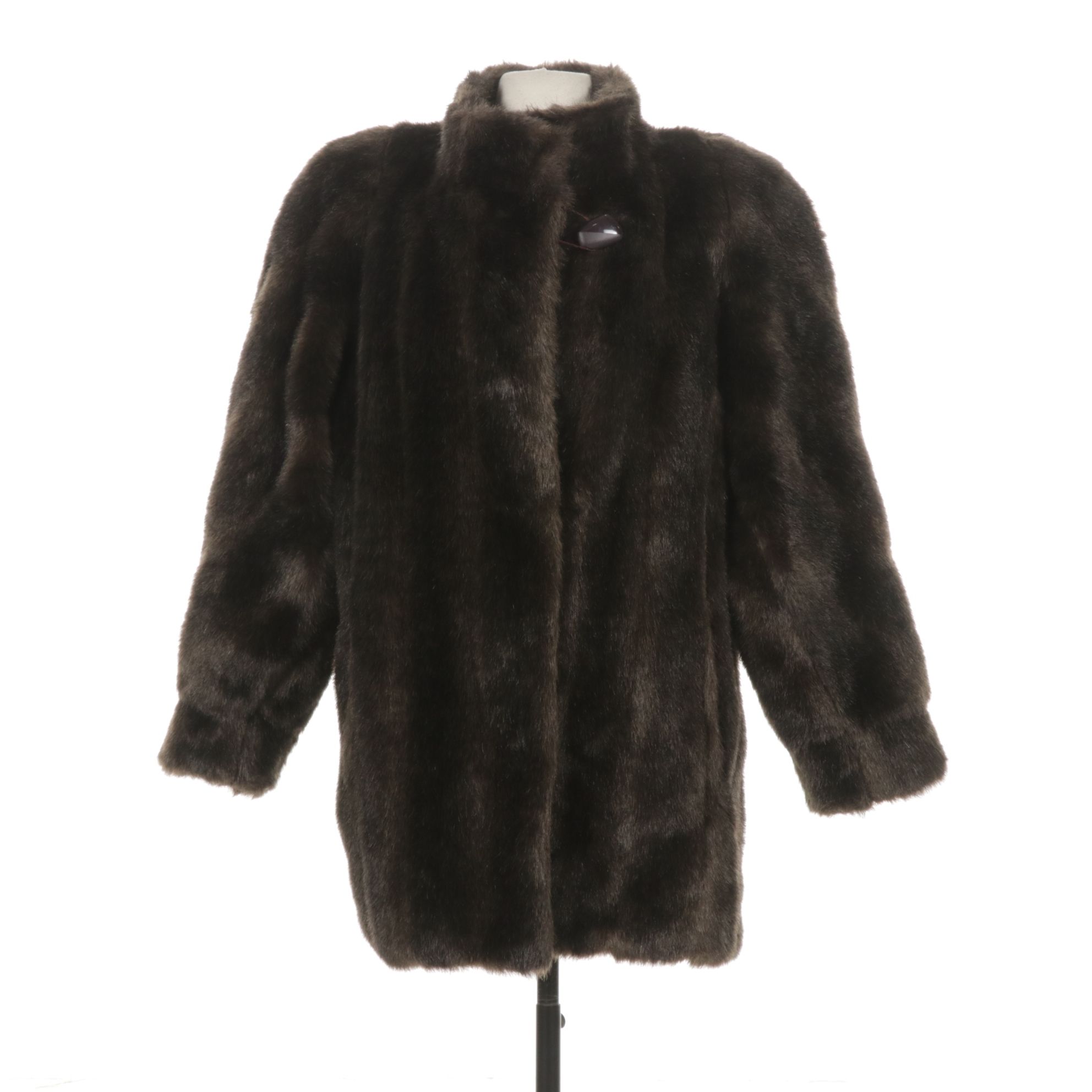 Charcoal Faux Fur Coat with Red Lining