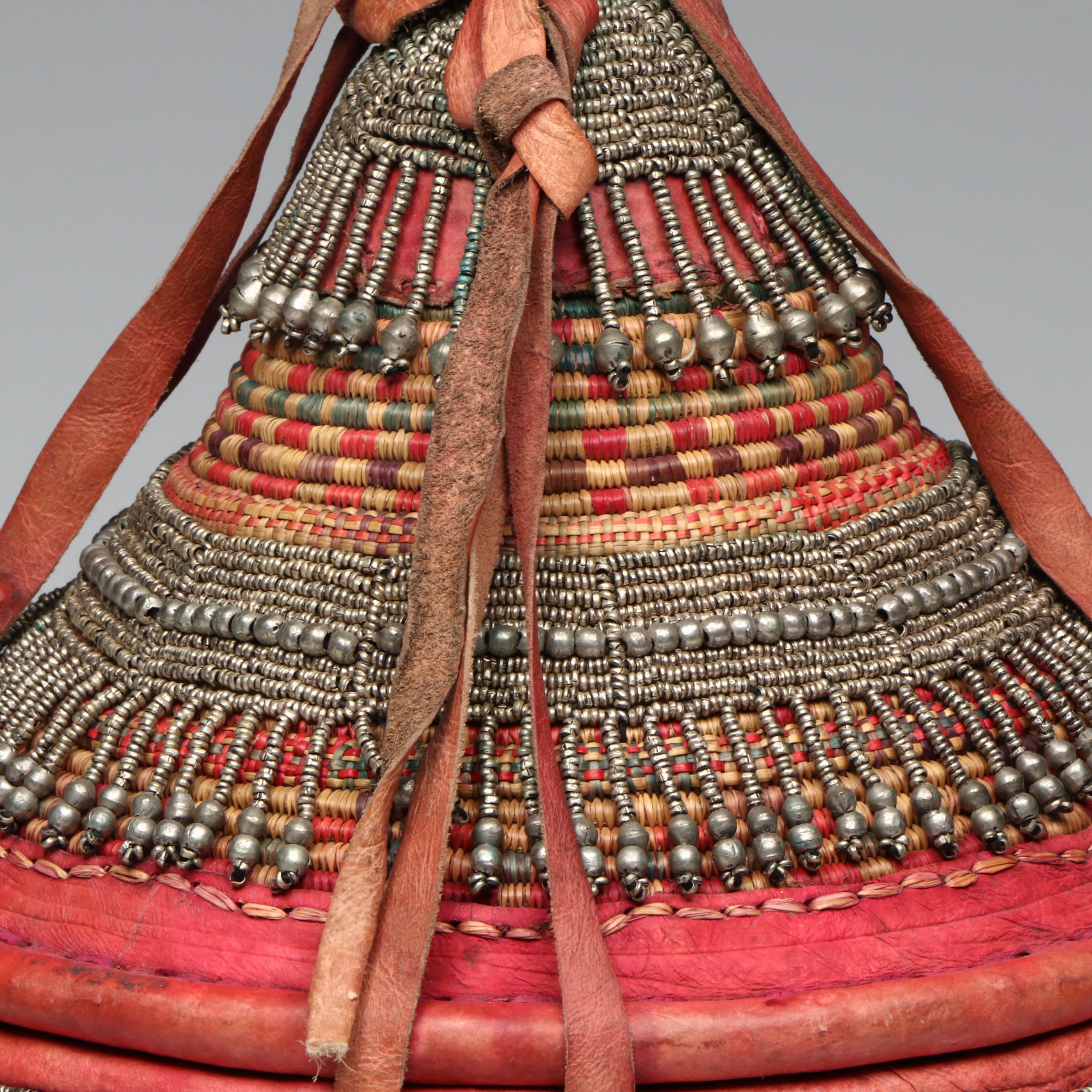 Ethiopian Oromo Peoples Woven Grass, Dyed Leather and Silver Bead Basket