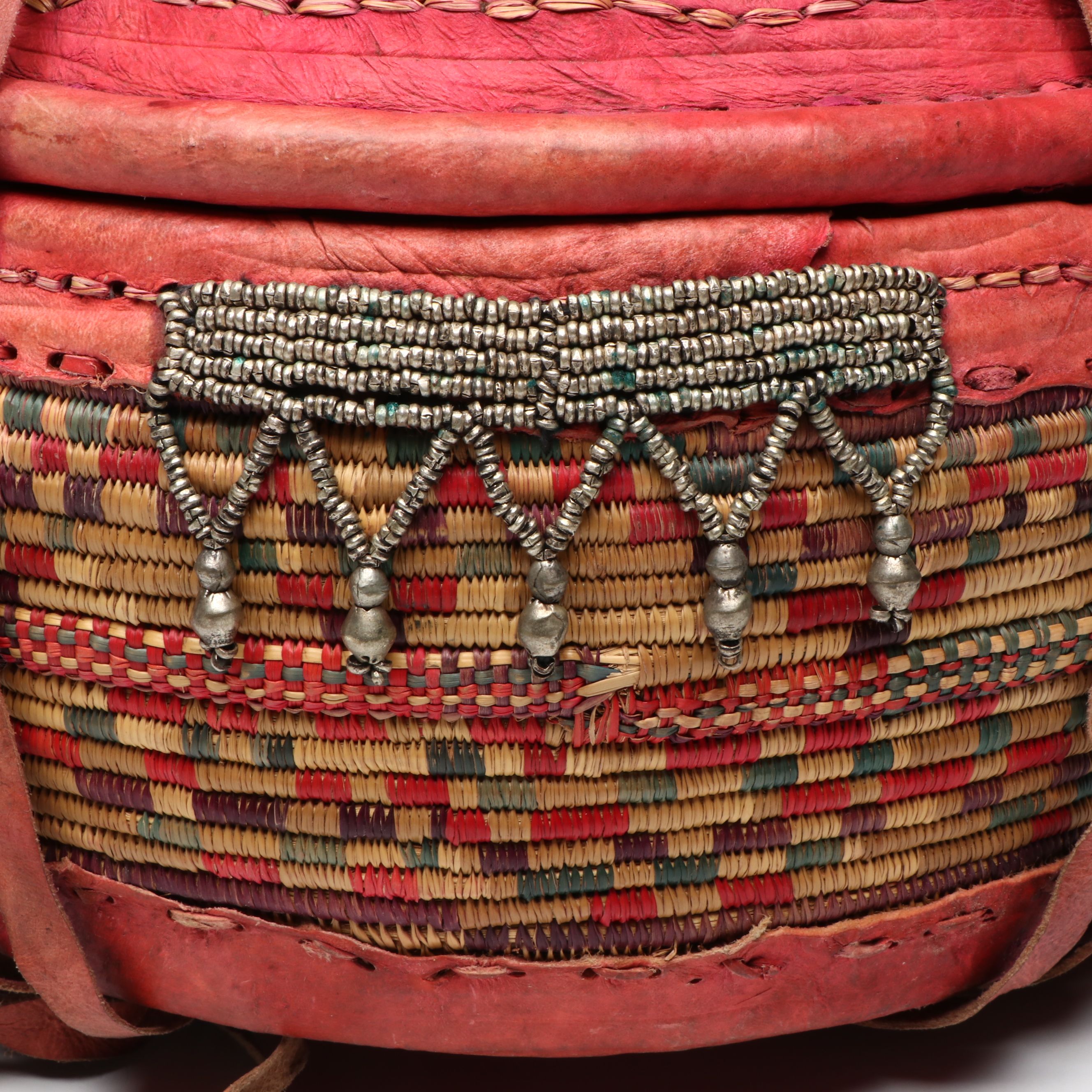 Ethiopian Oromo Peoples Woven Grass, Dyed Leather and Silver Bead Basket