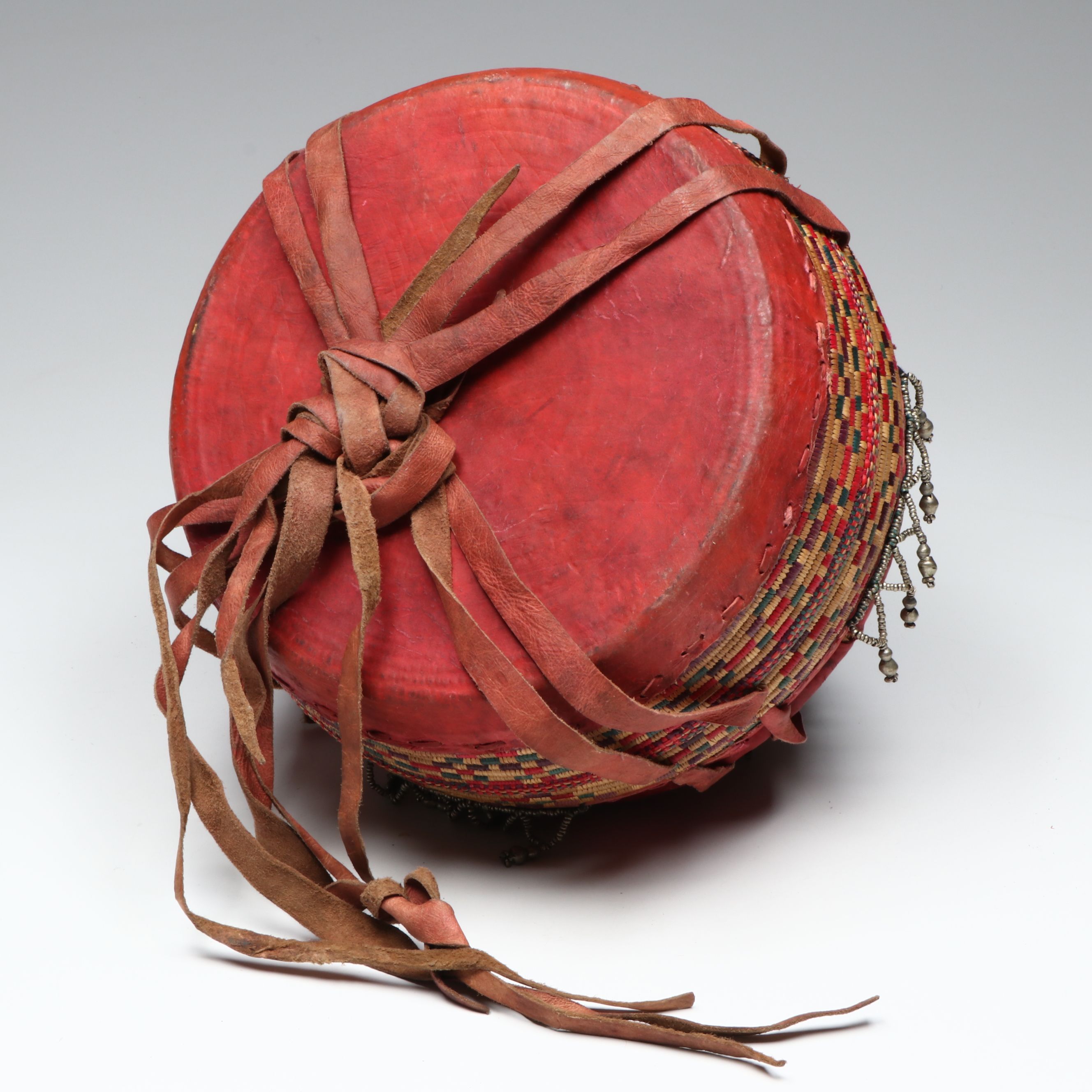 Ethiopian Oromo Peoples Woven Grass, Dyed Leather and Silver Bead Basket
