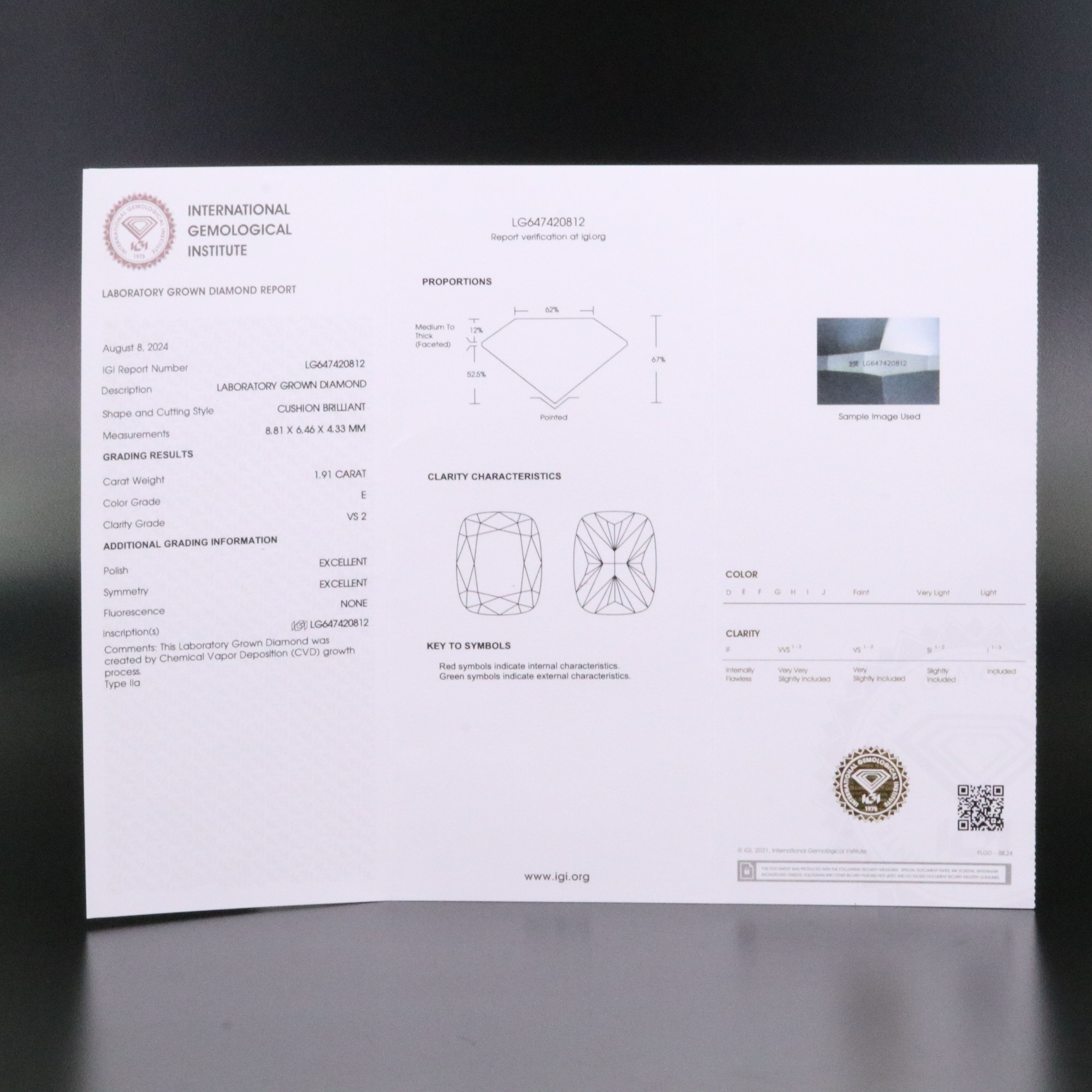 Loose 1.91 CT Lab Grown Diamond with IGI Report