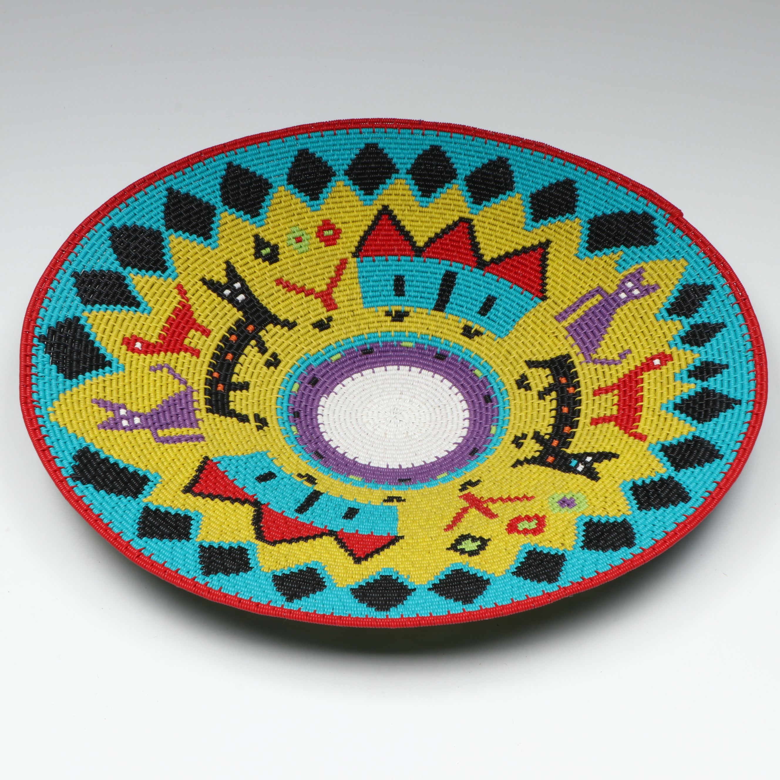 South African Zulu Peoples Telephone Wire Basket Depicting Houses and Cats