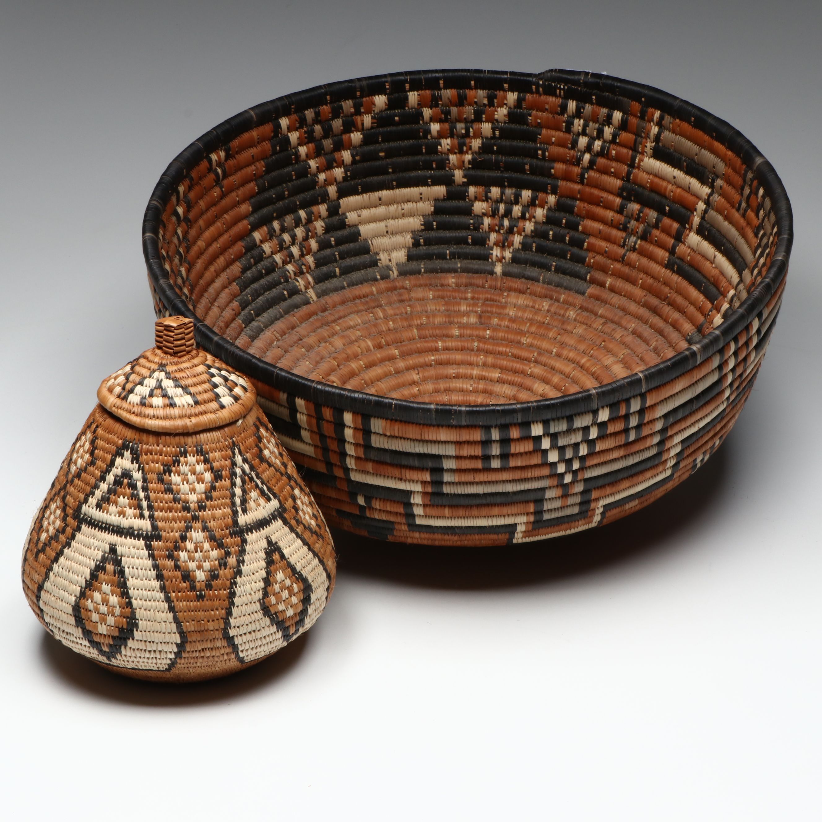 South African Zulu Peoples Woven Ilala Palm Basketry Bowl with Lidded Vessel