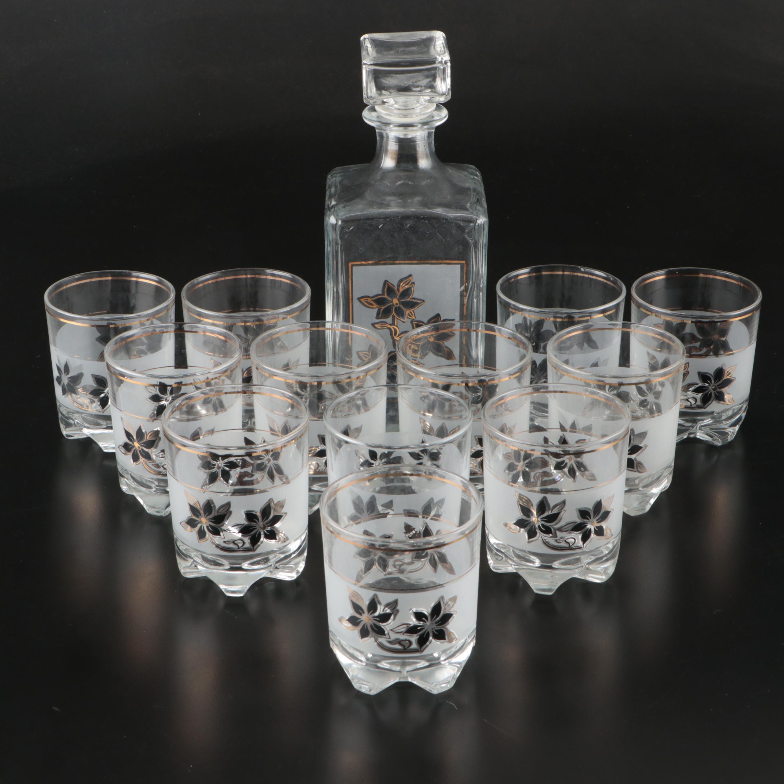 Decover Italy Mid Century Modern Style Frosted Glass Decanter and Tumblers