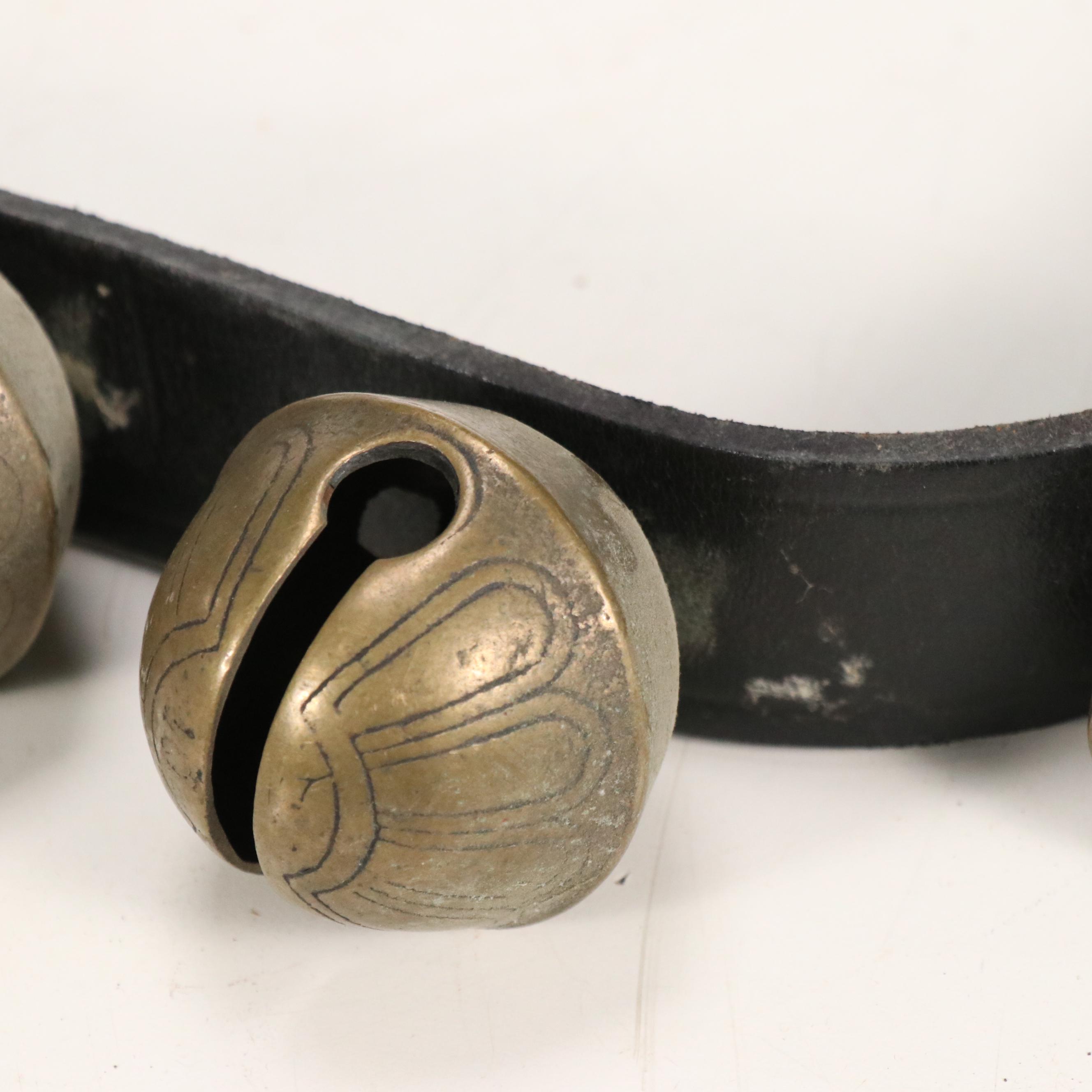 Brass Sleigh Bells on Black Leather Strap
