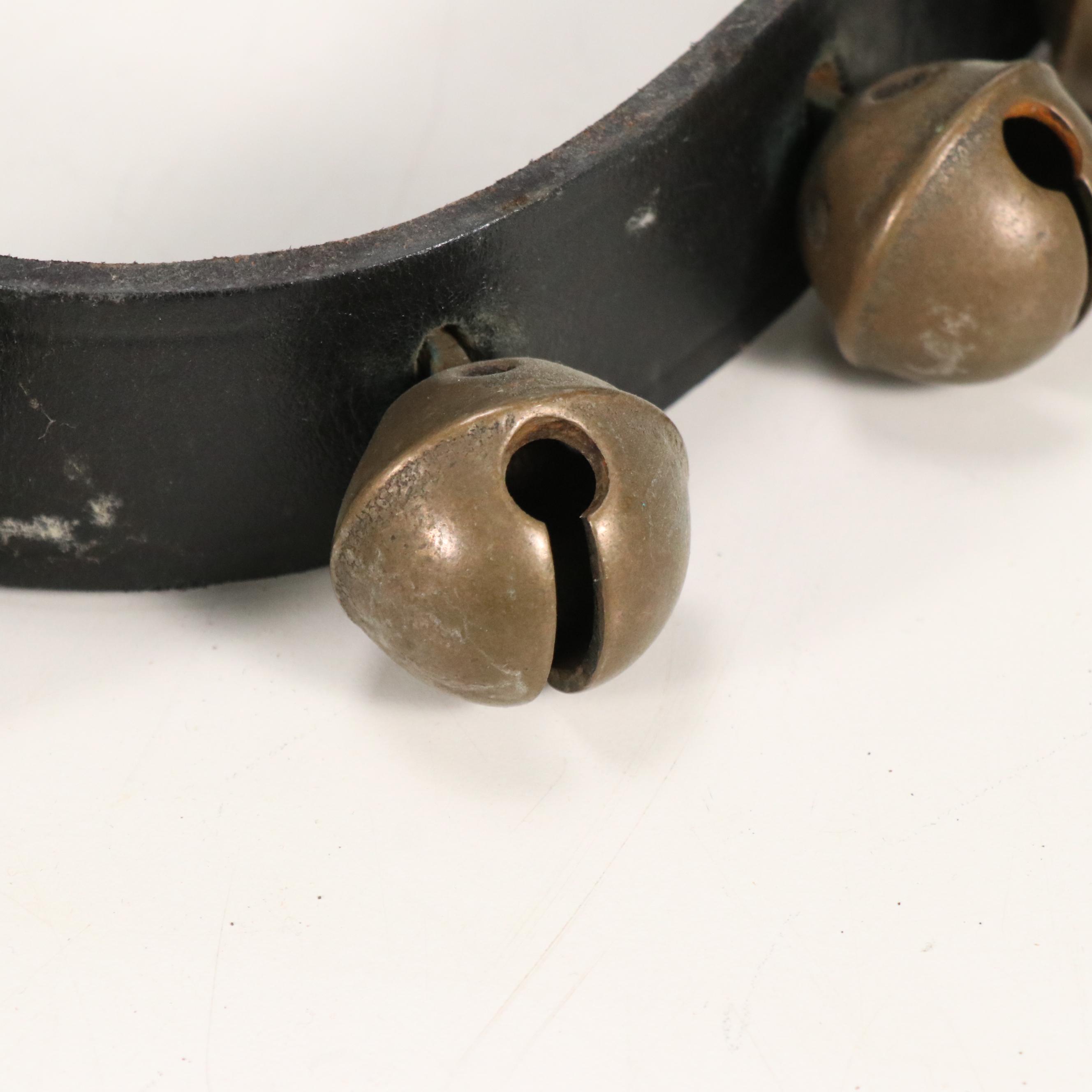 Brass Sleigh Bells on Black Leather Strap