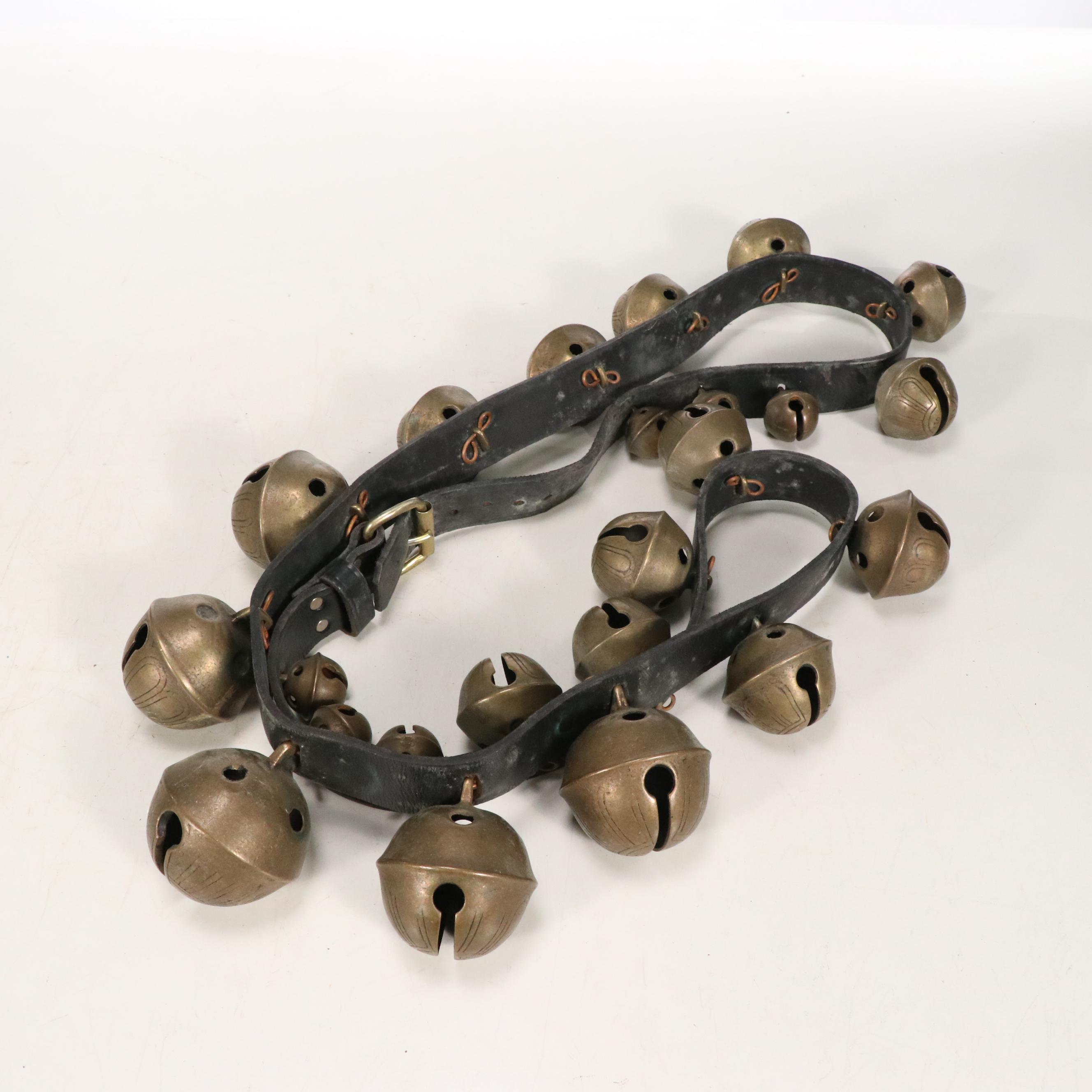 Brass Sleigh Bells on Black Leather Strap