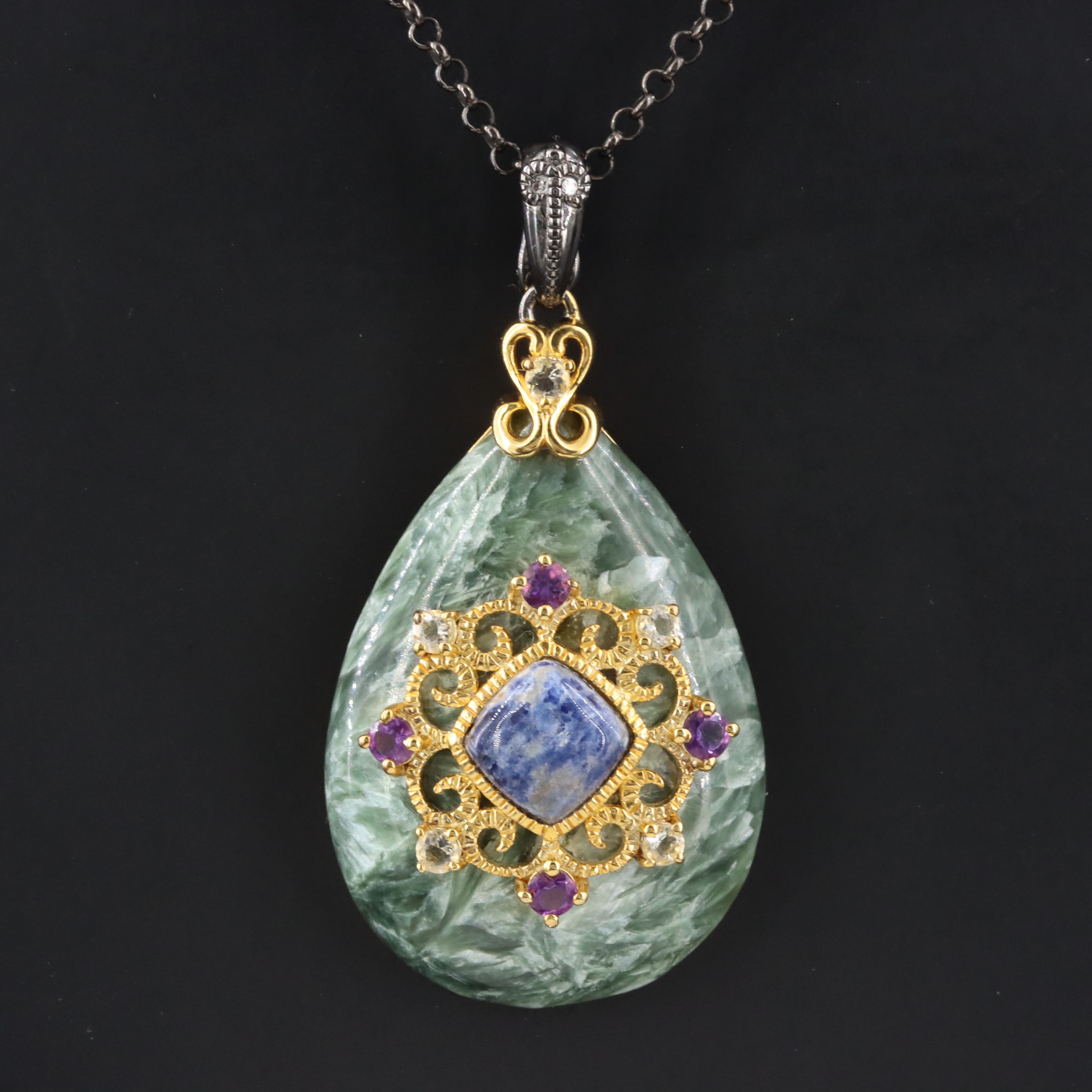 Carlo Viani Sterling Seraphinite and Gemstone Enhancer Pendant on Chain