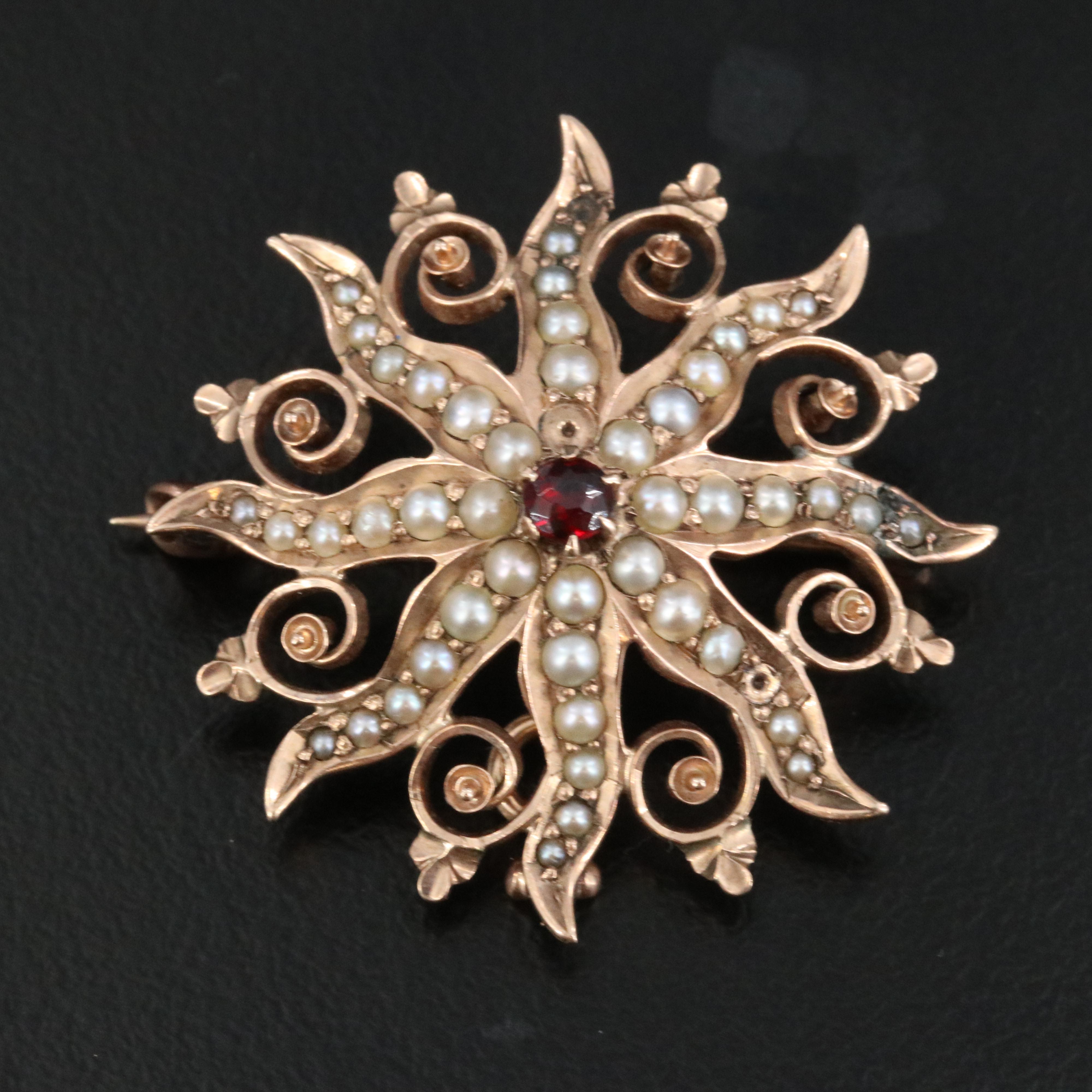 Antique 10K Rose Gold Garnet and Seed Pearl Sunburst Converter Pin