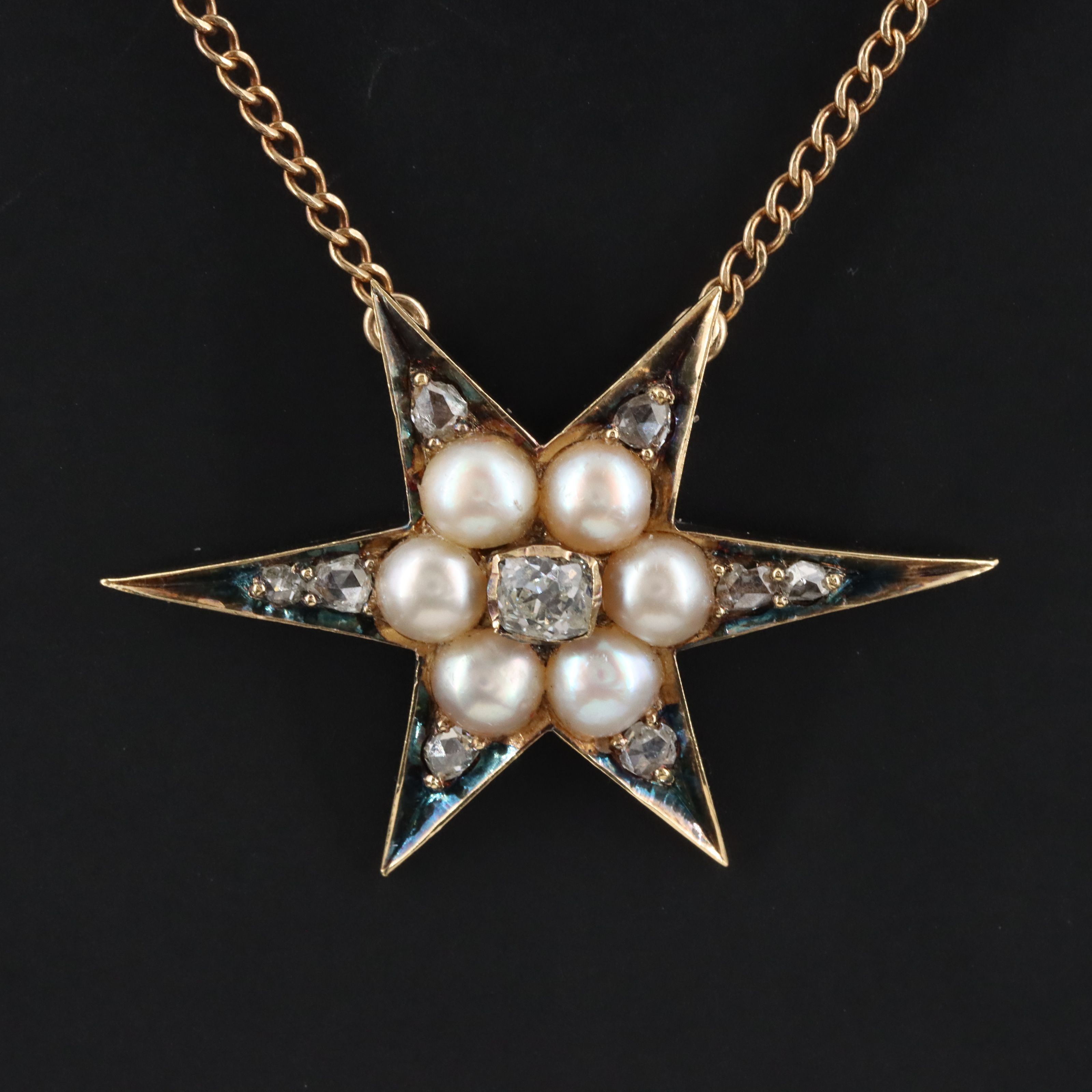 Antique 18K Diamond and Pearl Star Pendant with 10K Chain