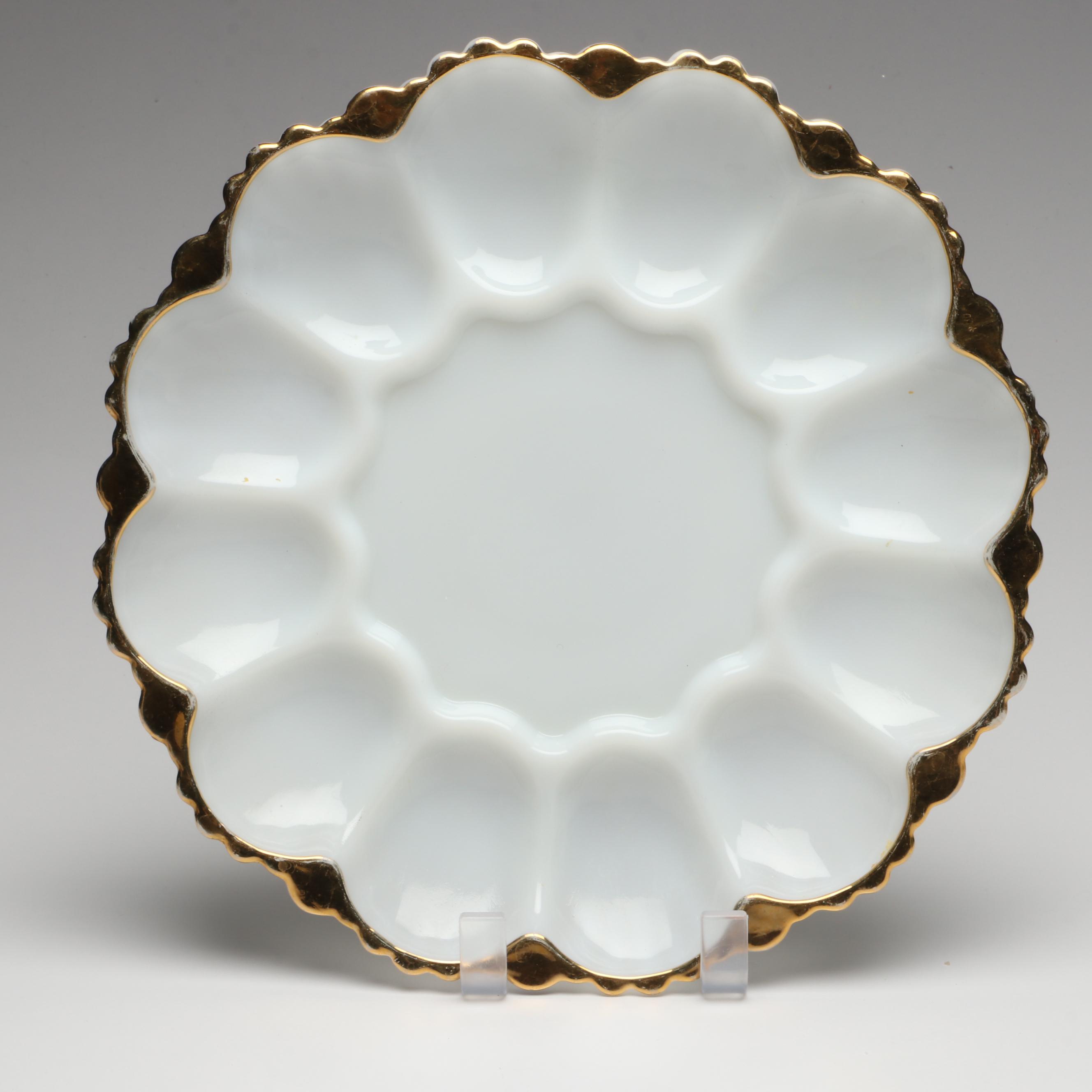 Anchor Hocking Gilt Milk Glass Serveware with Depression Glass Tray and Pitcher