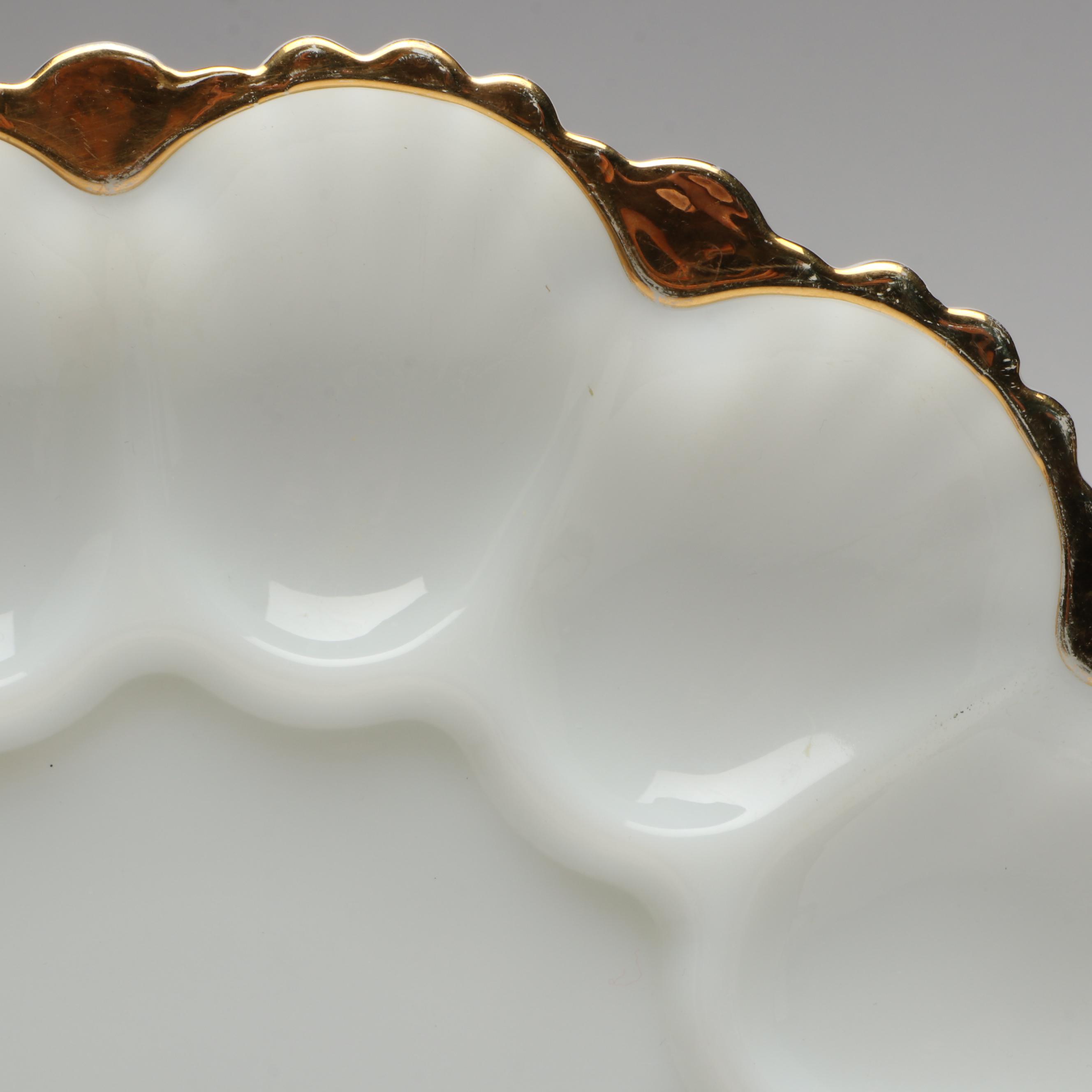 Anchor Hocking Gilt Milk Glass Serveware with Depression Glass Tray and Pitcher