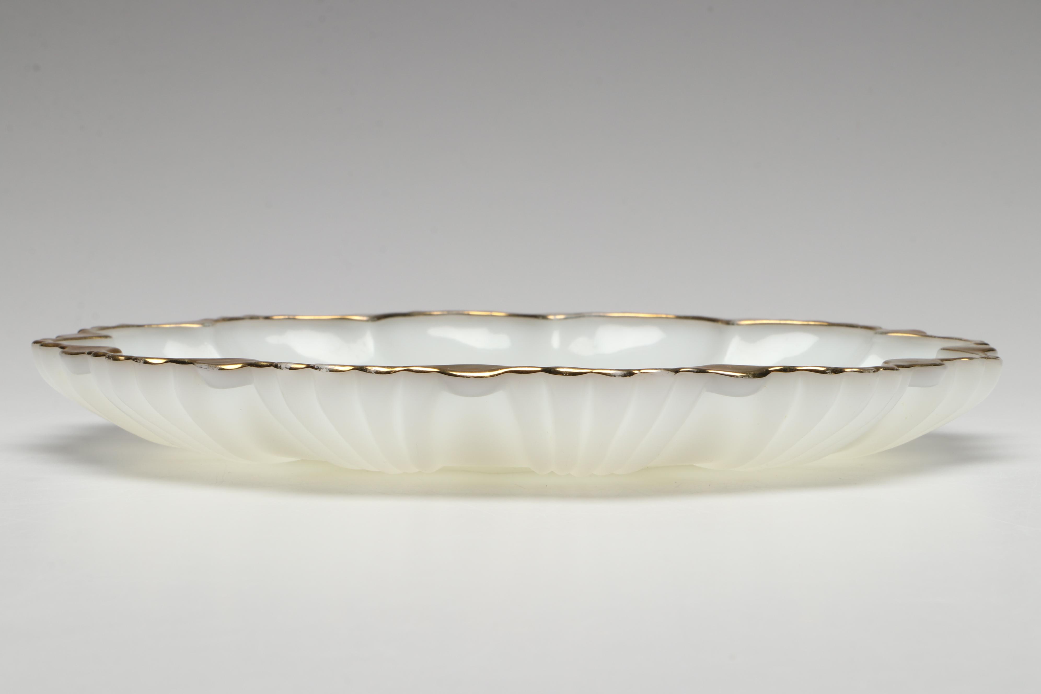 Anchor Hocking Gilt Milk Glass Serveware with Depression Glass Tray and Pitcher