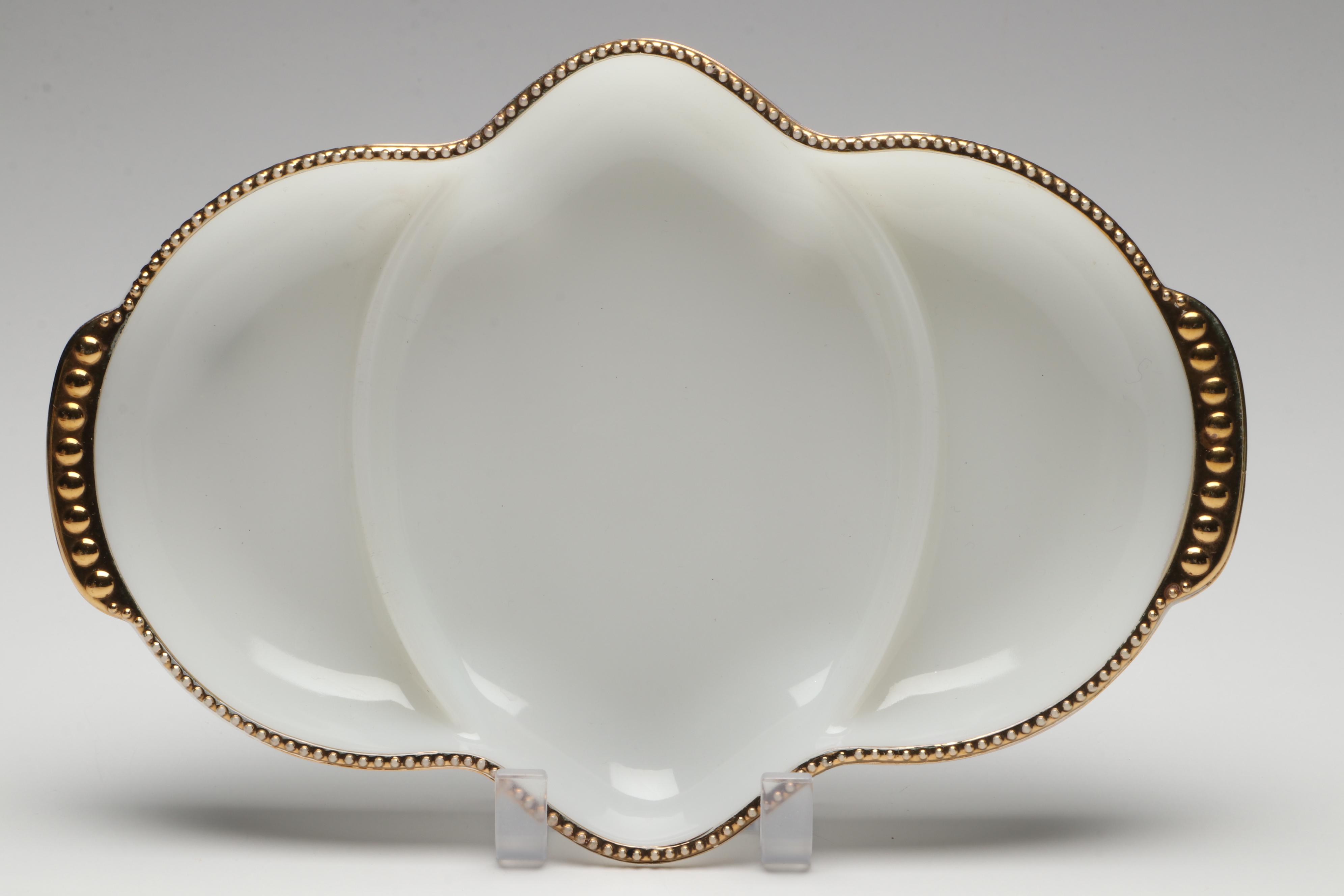 Anchor Hocking Gilt Milk Glass Serveware with Depression Glass Tray and Pitcher