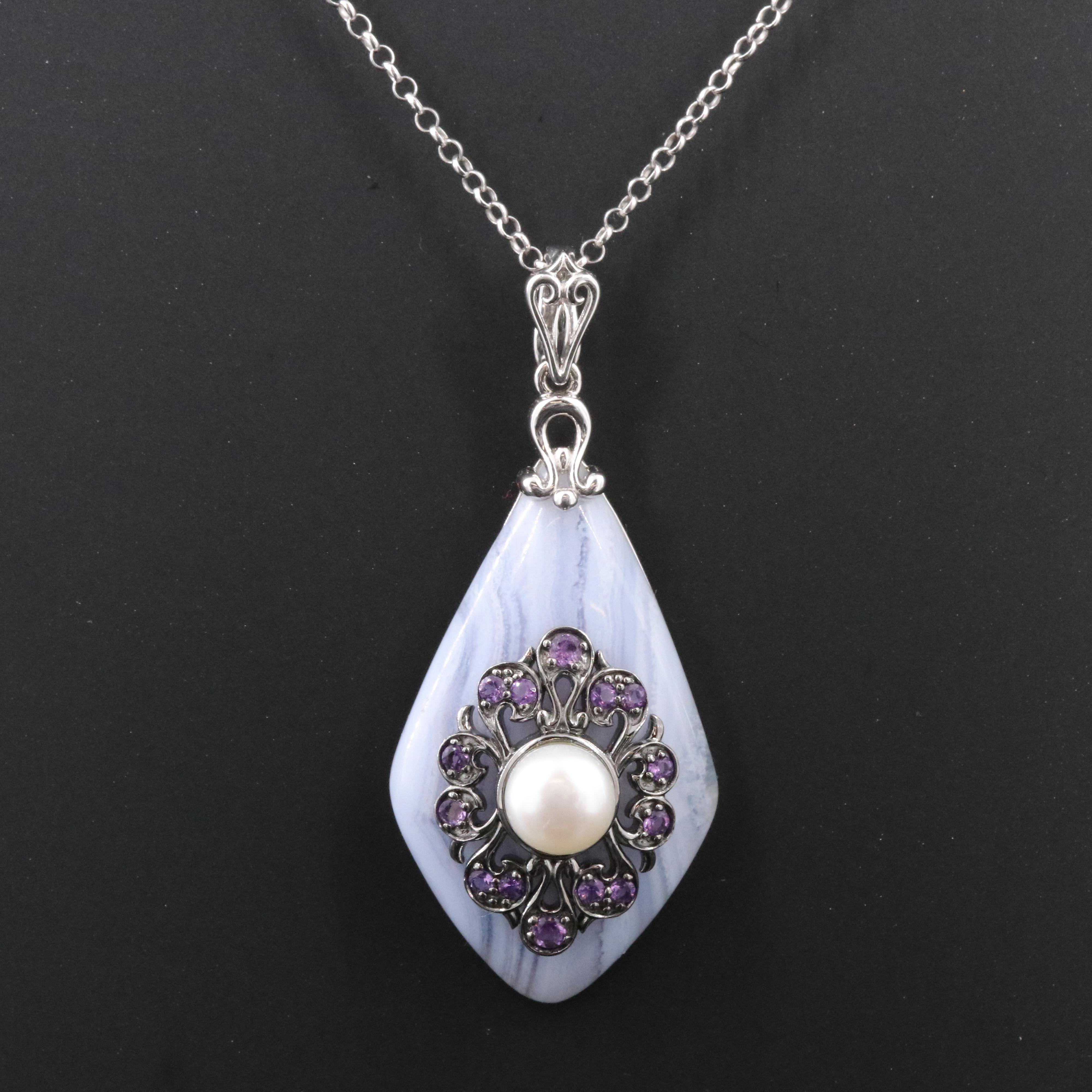 Carlo Viani Agate, Amethyst and Pearl Enhancer Pendant on Chain