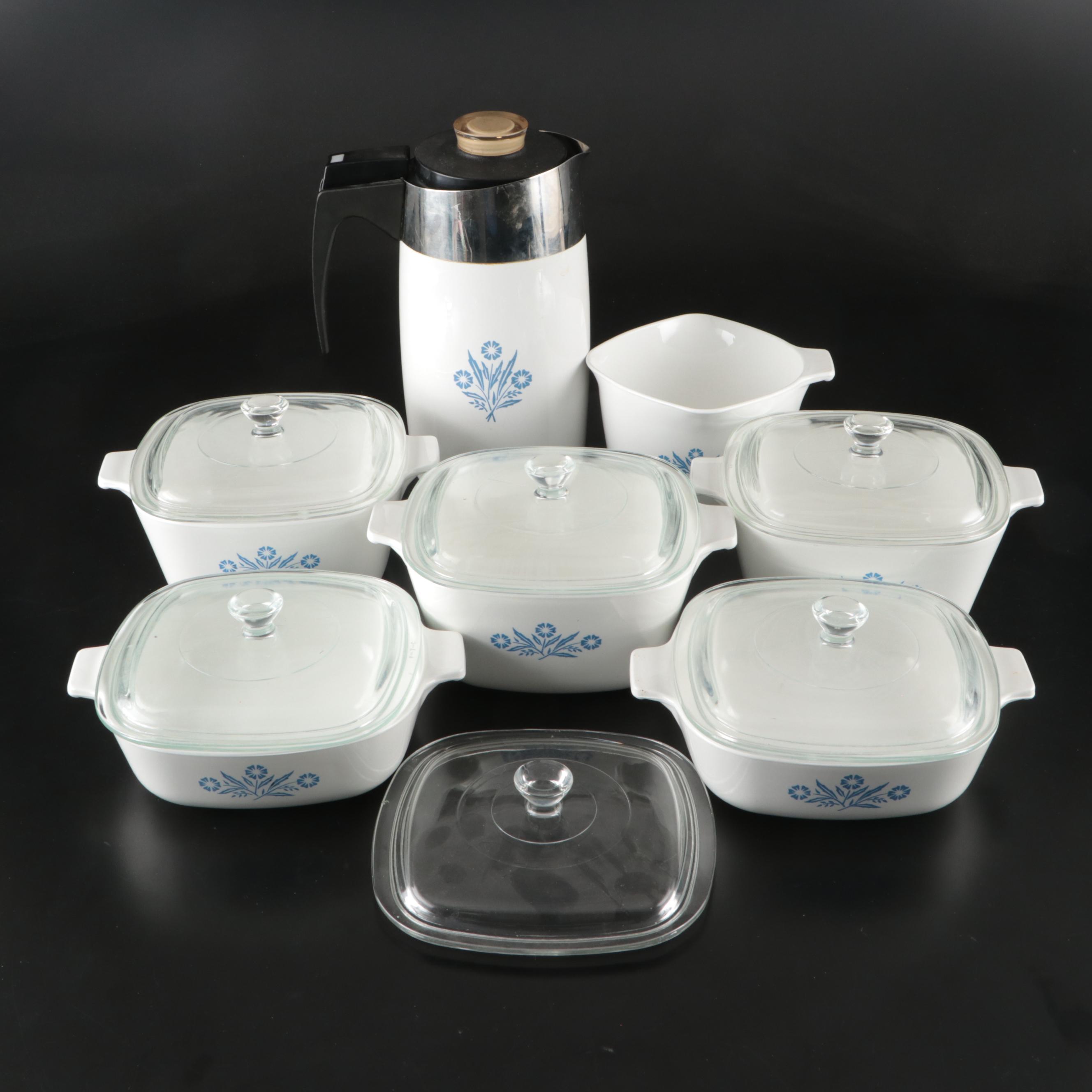 Corning Ware "Blue Cornflower" Covered Casseroles, Coffee Pot and Measuring Cup