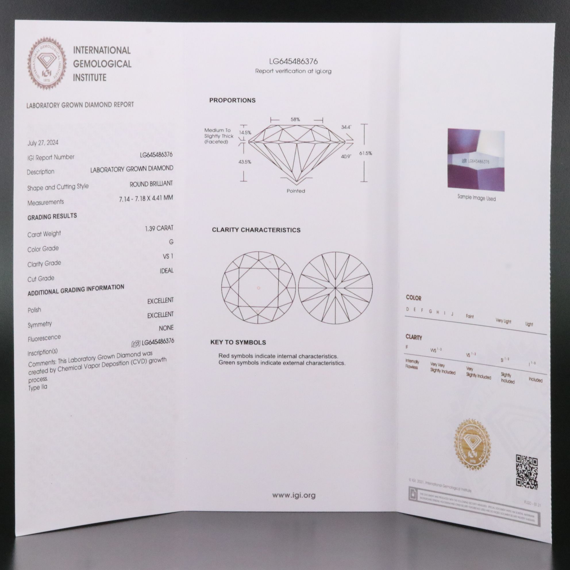 Loose 1.39 CT Lab Grown Diamond with IGI Report