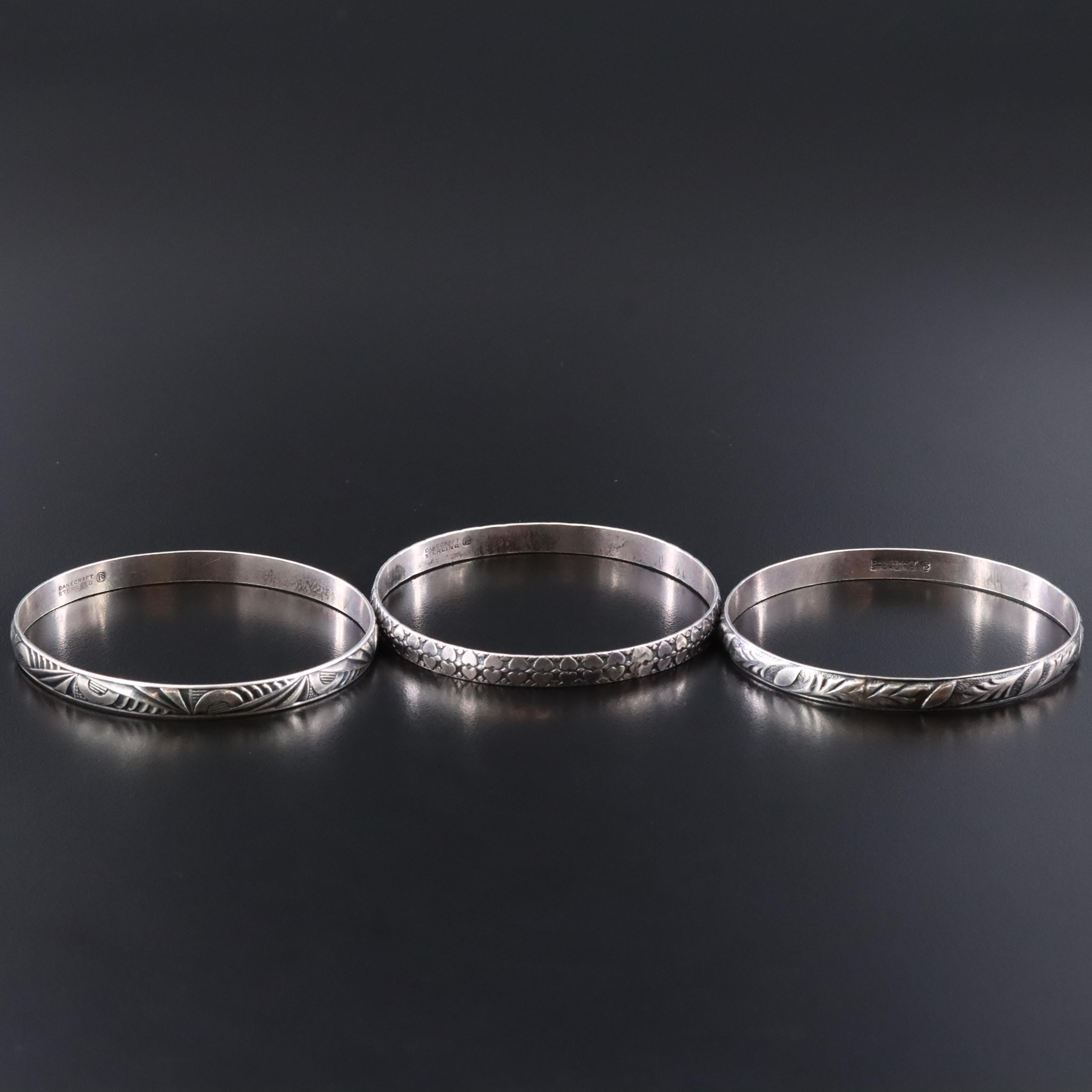 Danecraft Sterling Heart, Geometric and Floral Patterned Bangle Trio