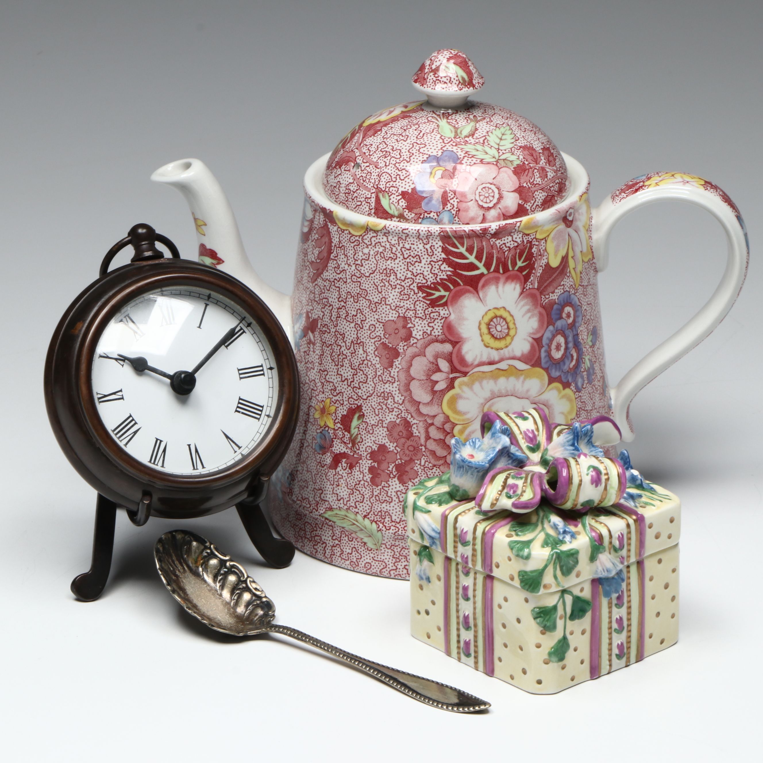 Spode "Florence" Teapot with Rogers Bros. Sugar Spoon, and Other Décor