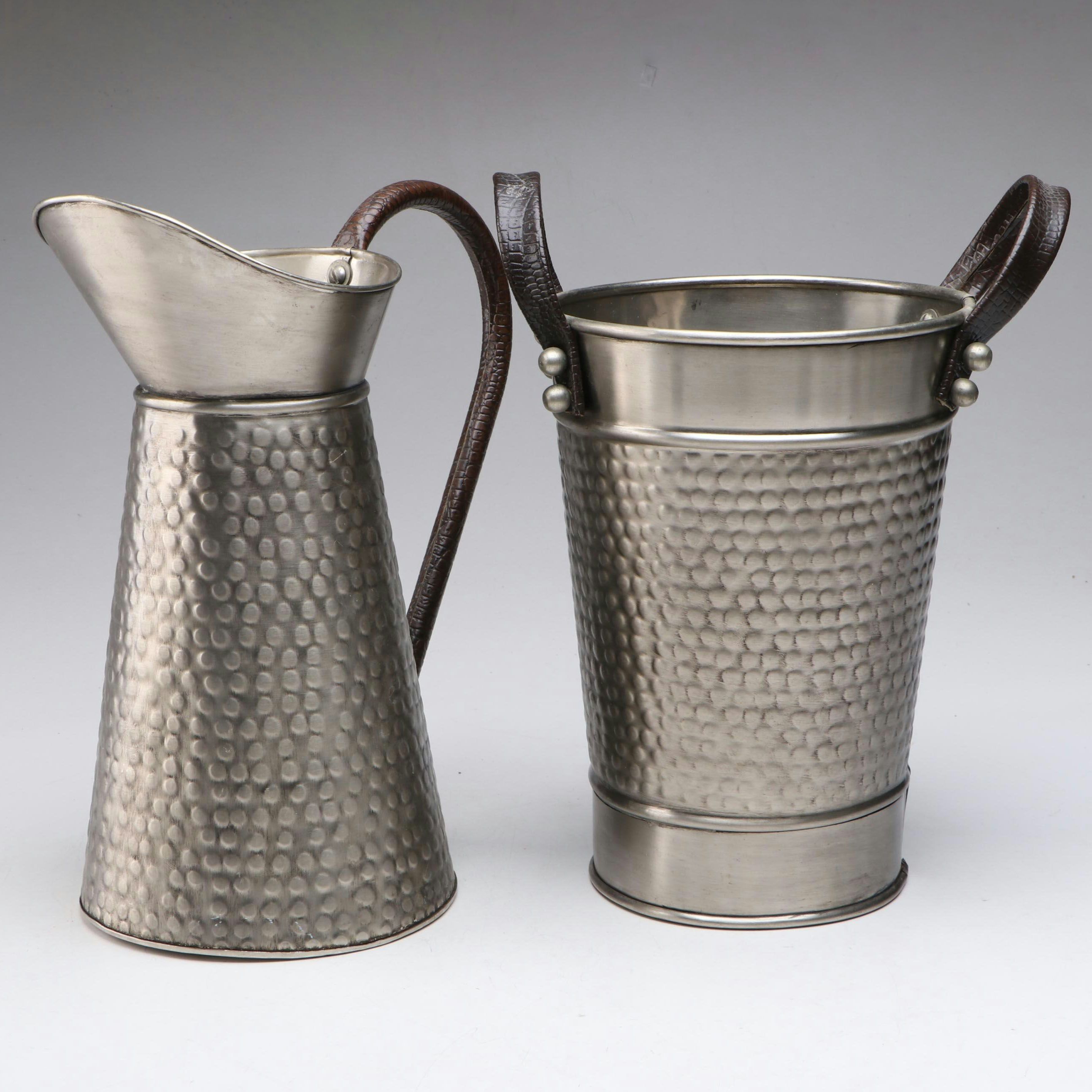 Faux Crocodile Handled Bucket with Pebbled Metal Pitcher