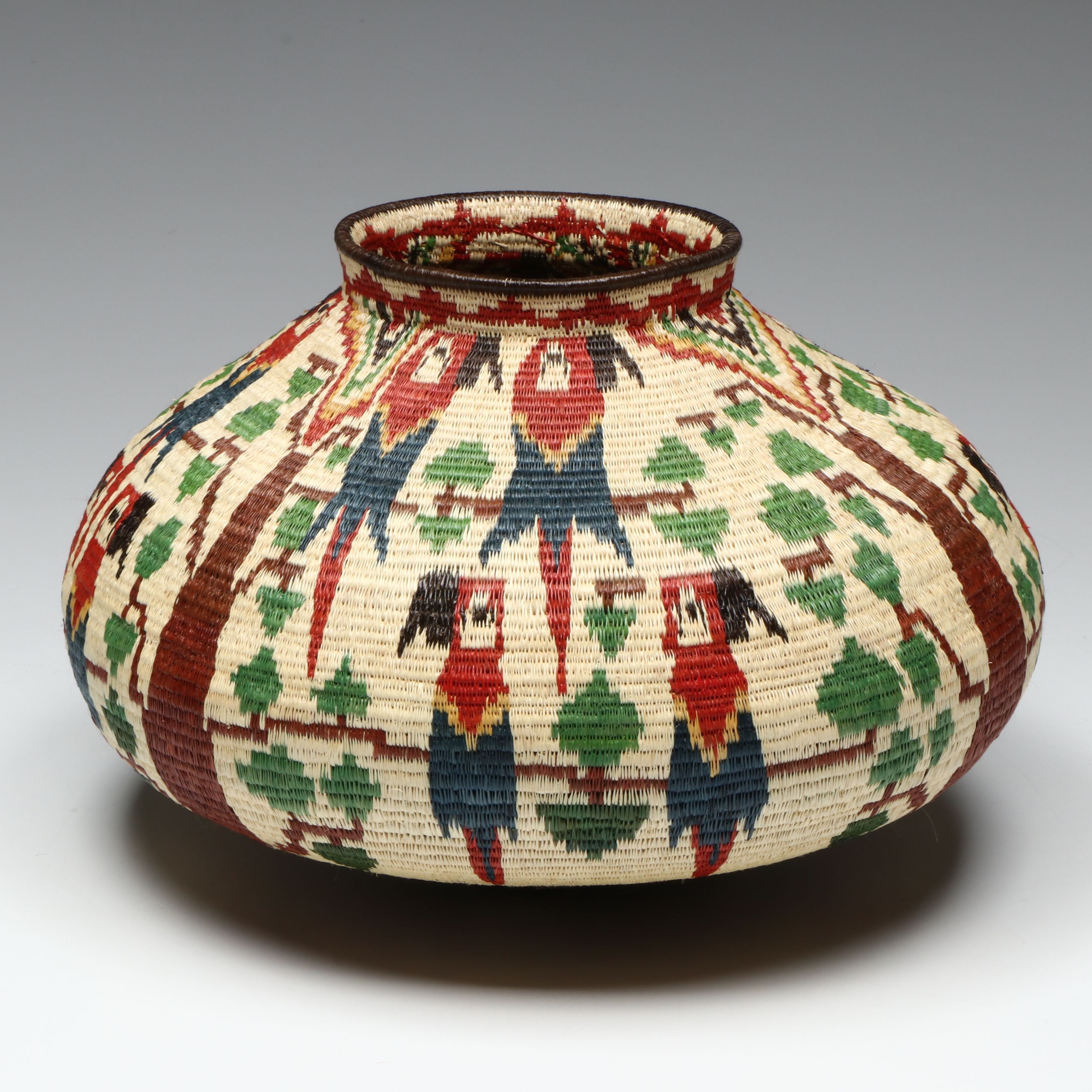 Darien Rainforest Woven Black Palm Chunga Fiber Basket Depicting Tropical Birds